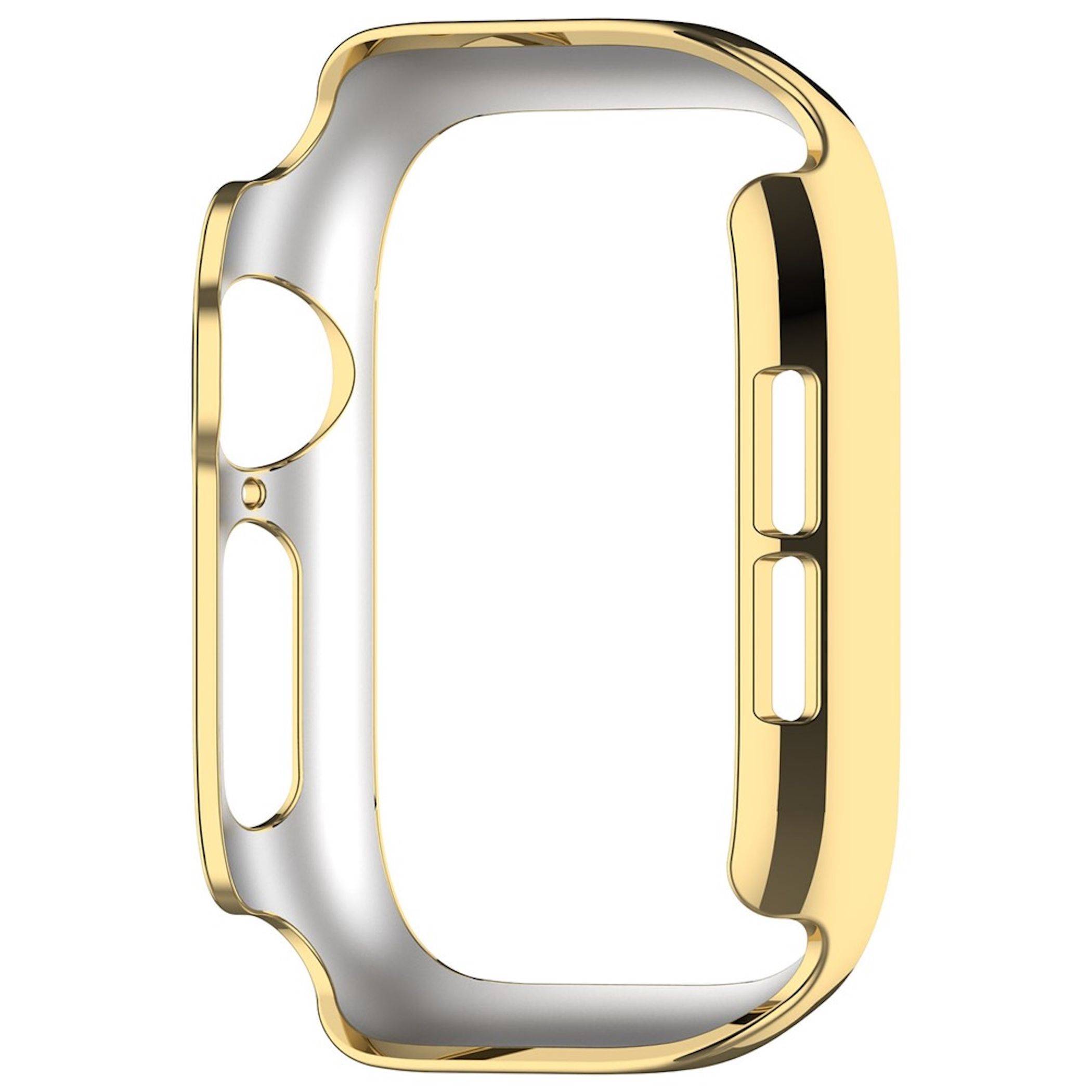 Gehäuse oder Schutzrahmen für goldene und silberne Smartwatch, isoliert auf weißem Hintergrund dargestellt.