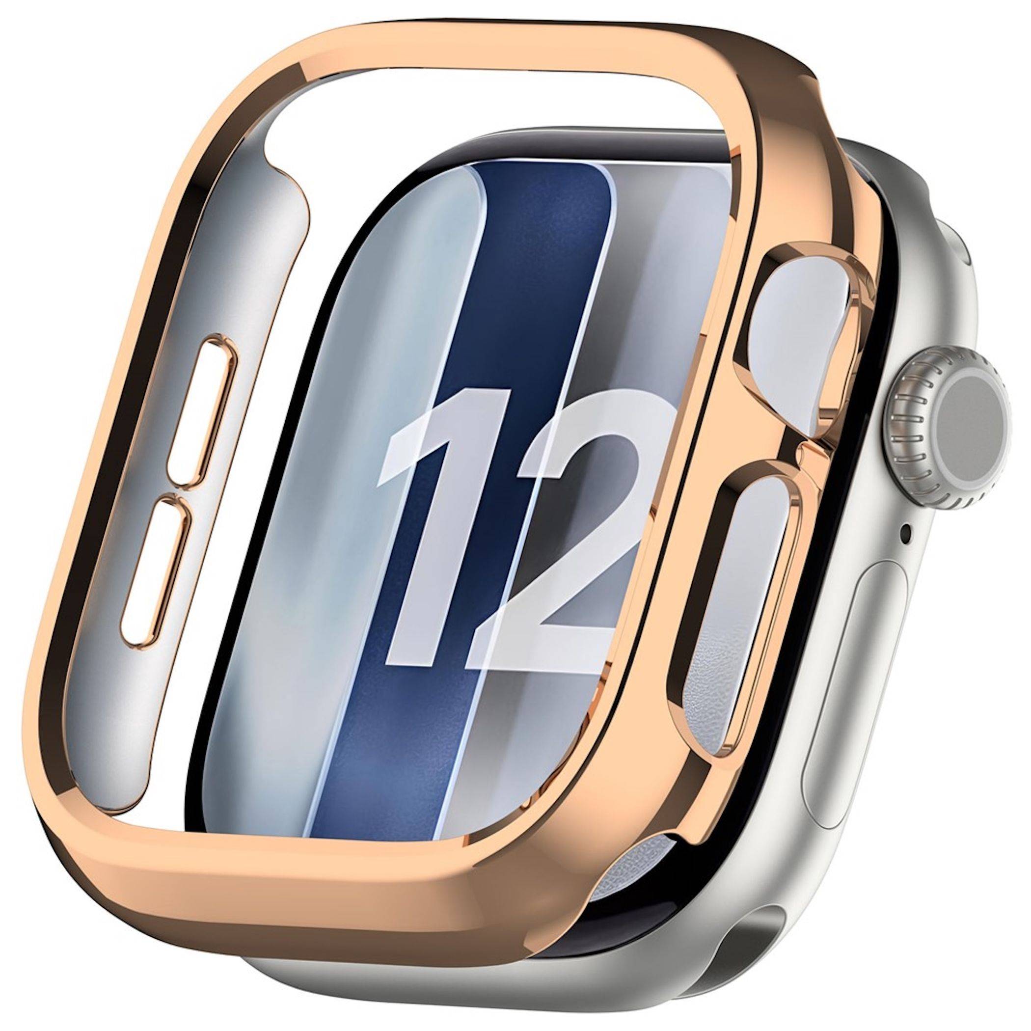 Apple-Watch-Gehäuse mit einer Rosé-Gold-Schutzleiste um eine Uhr, auf deren Bildschirm die Zahl 12 angezeigt wird, auf weißem Hintergrund dargestellt.