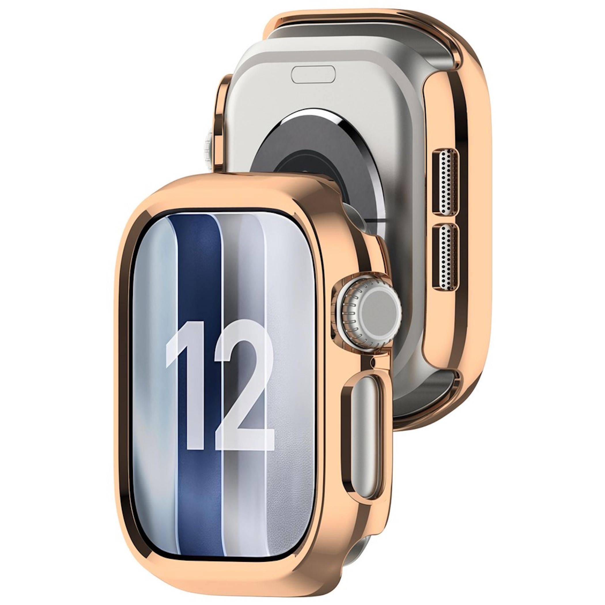 Zwei rosé-goldene Smartwatches von vorne und hinten dargestellt, mit einem blau-weißen Bildschirm, auf dem "12"" angezeigt wird, und sichtbaren Seitentasten.