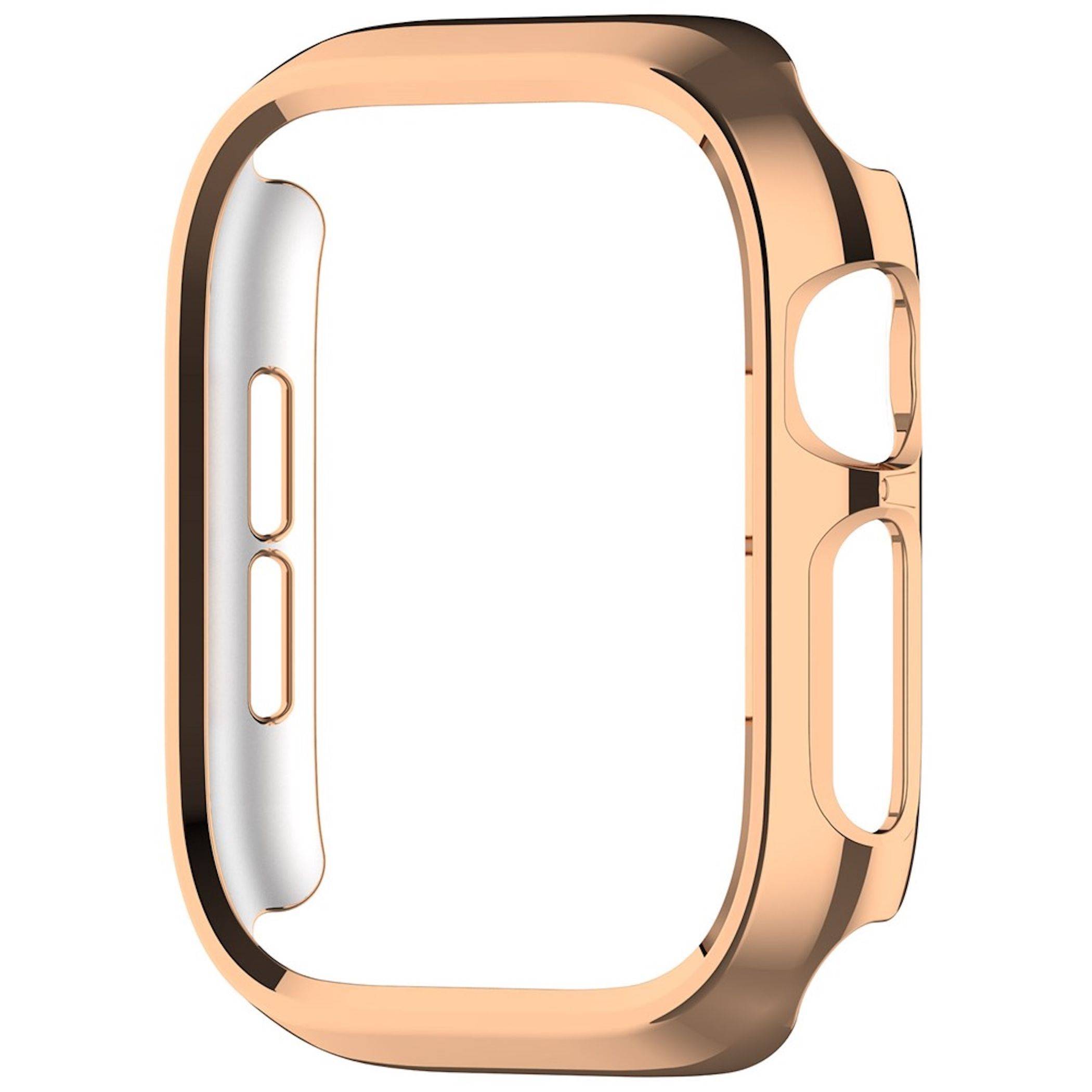 Rosegoldene Schutzgehäuse für Smartwatch mit Aussparungen für Tasten und Seitensteuerungen, gezeigt auf weißem Hintergrund.