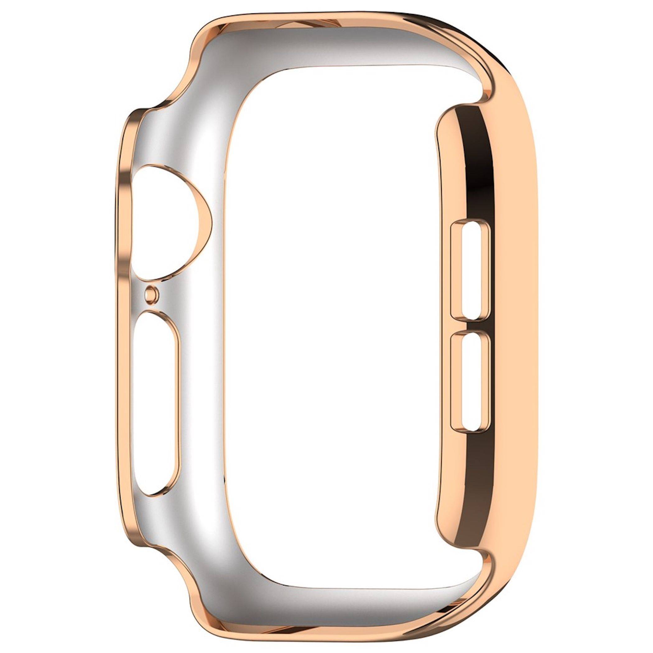 Roségoldene Schutzhulle für Smartwatch mit offenen Seitenschnitten, auf weißem Hintergrund dargestellt.
