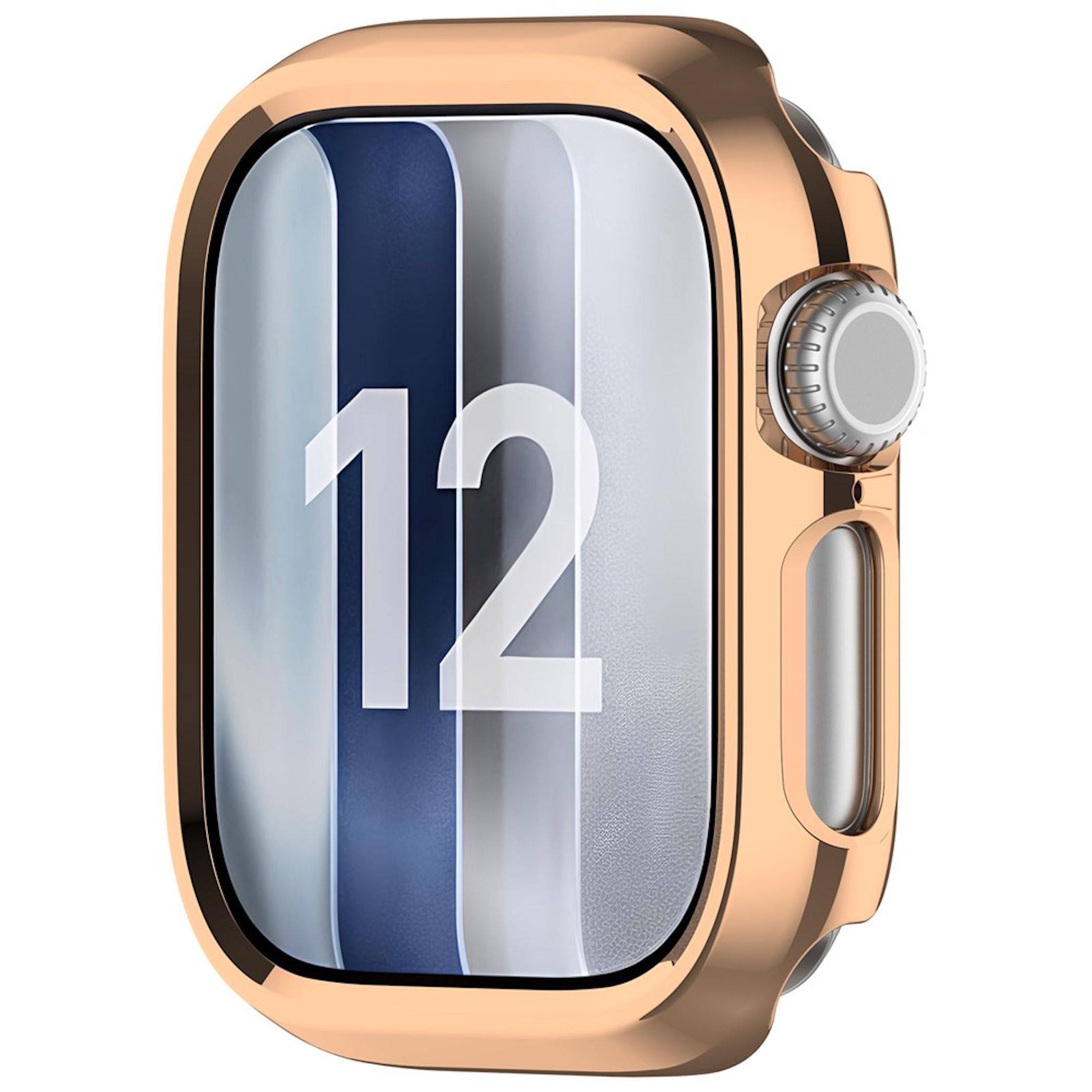 Smartwatch aus Roségold mit großem rechteckigem Display, das die Zahl „12" auf einem gestreiften blau-silbernen Zifferblatt anzeigt.