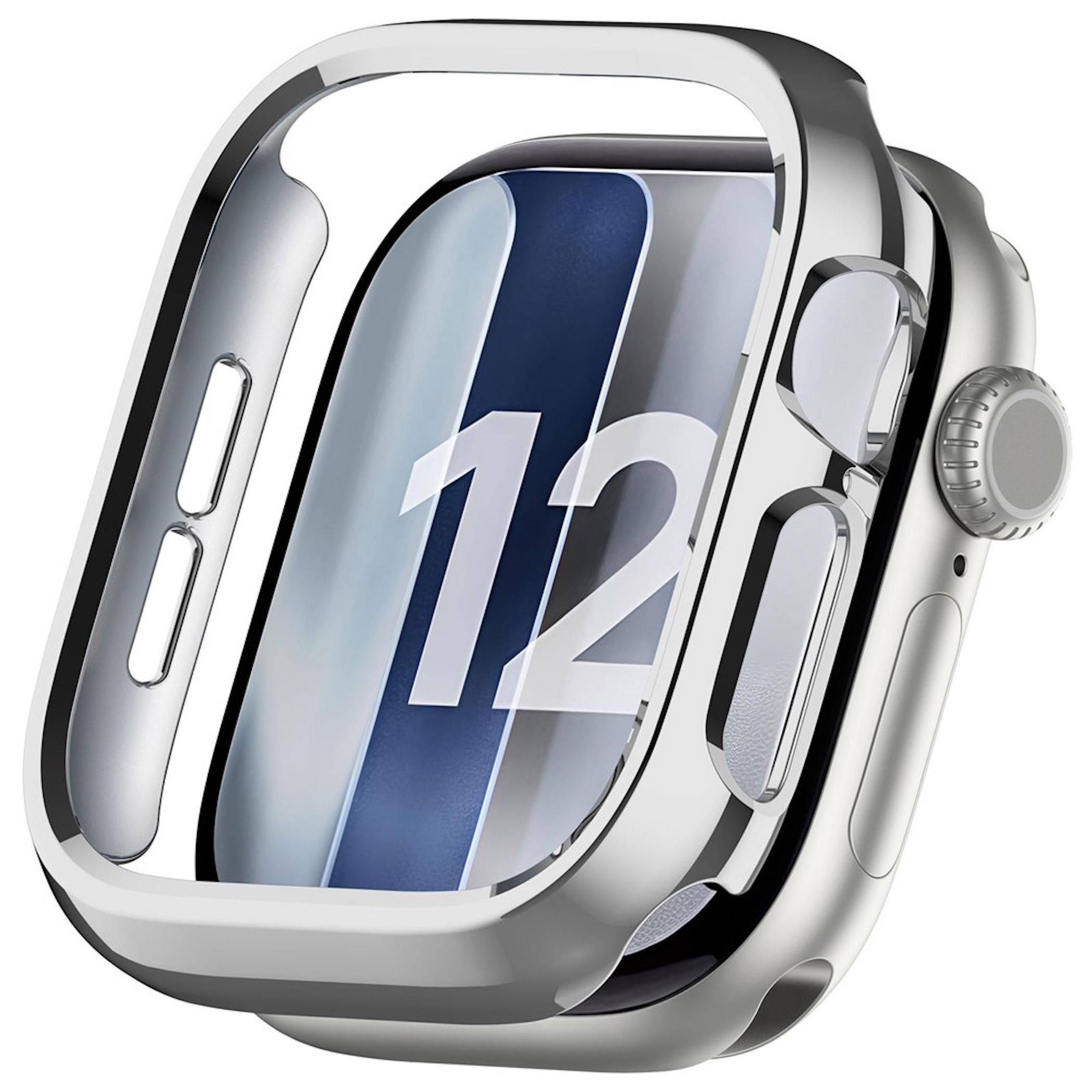 Silberne Apple Watch Ultra mit dunkelblauem und weißem Zifferblatt, die die Nummer 12 anzeigt, angewinkelt auf weißem Hintergrund.