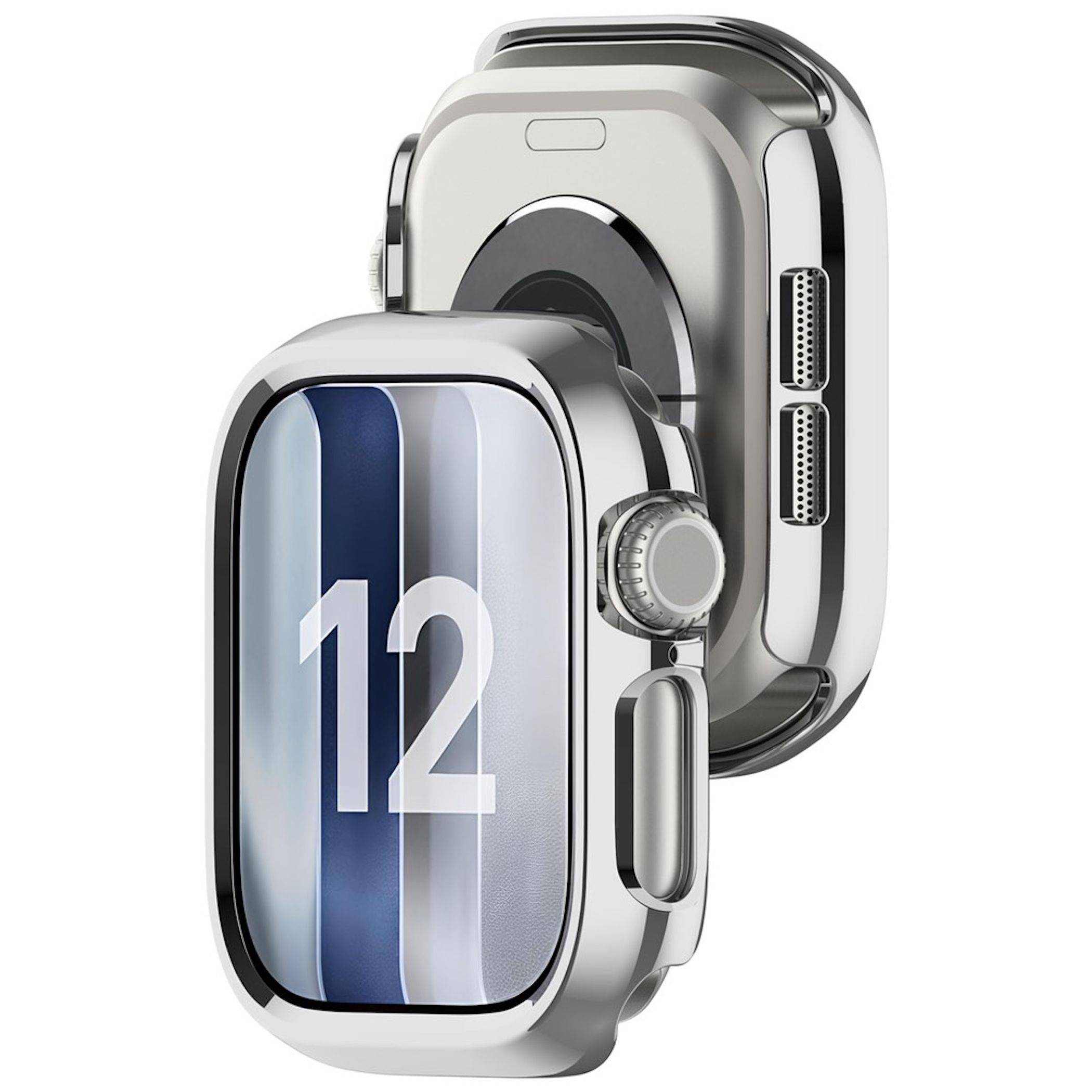 Zwei silberne Smartwatches von vorne und von hinten gezeigt, wobei das vordere Display "12"" anzeigt und eine seitliche Krone sichtbar ist.
