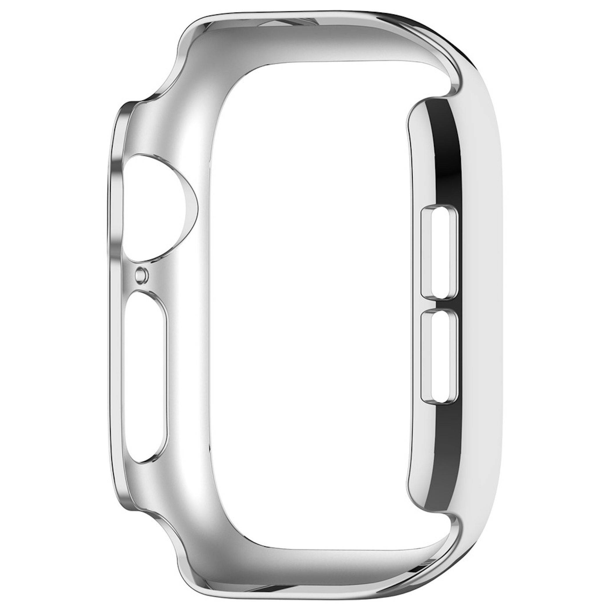 Polierter Gehäuserahmen aus Silbermetall für eine Smartwatch, von vorne gegen einen weißen Hintergrund fotografiert, mit Aussparungen für Tasten und Riemenanbringung.