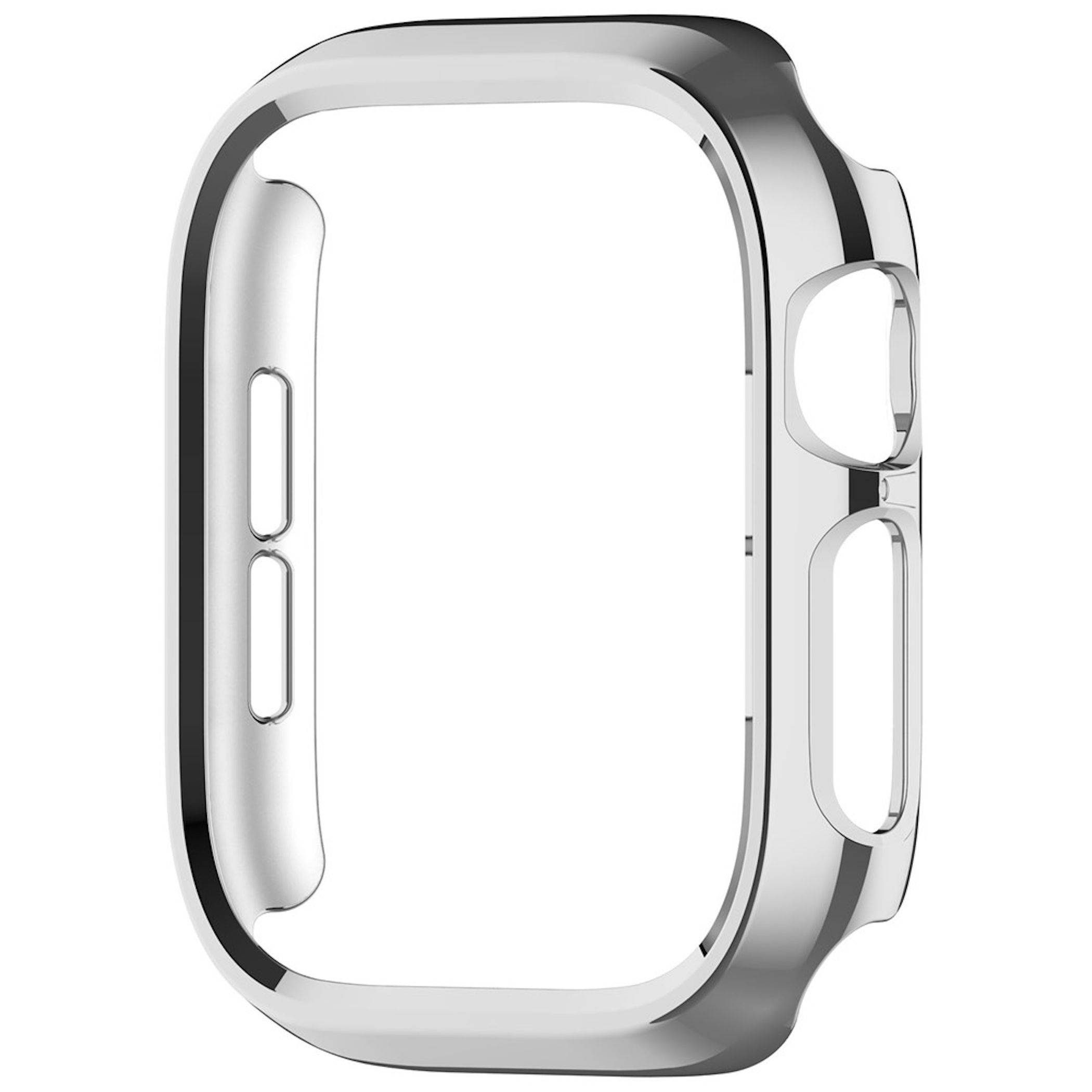 Polierte Silber-Smartwatch-Gehäuse mit offener Mitte, Seitenschaltflächen, isoliert auf weißem Hintergrund dargestellt.