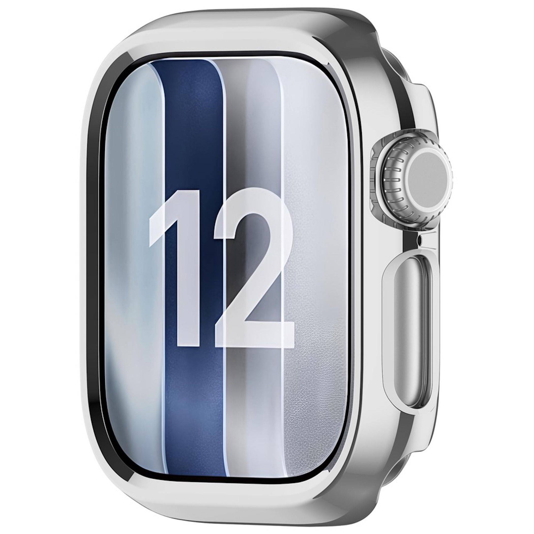 Silberne Smartwatch mit blau-weiß gestreiftem Display, das die Zahl "12"" zeigt, aus einem Winkel auf weißem Hintergrund betrachtet.