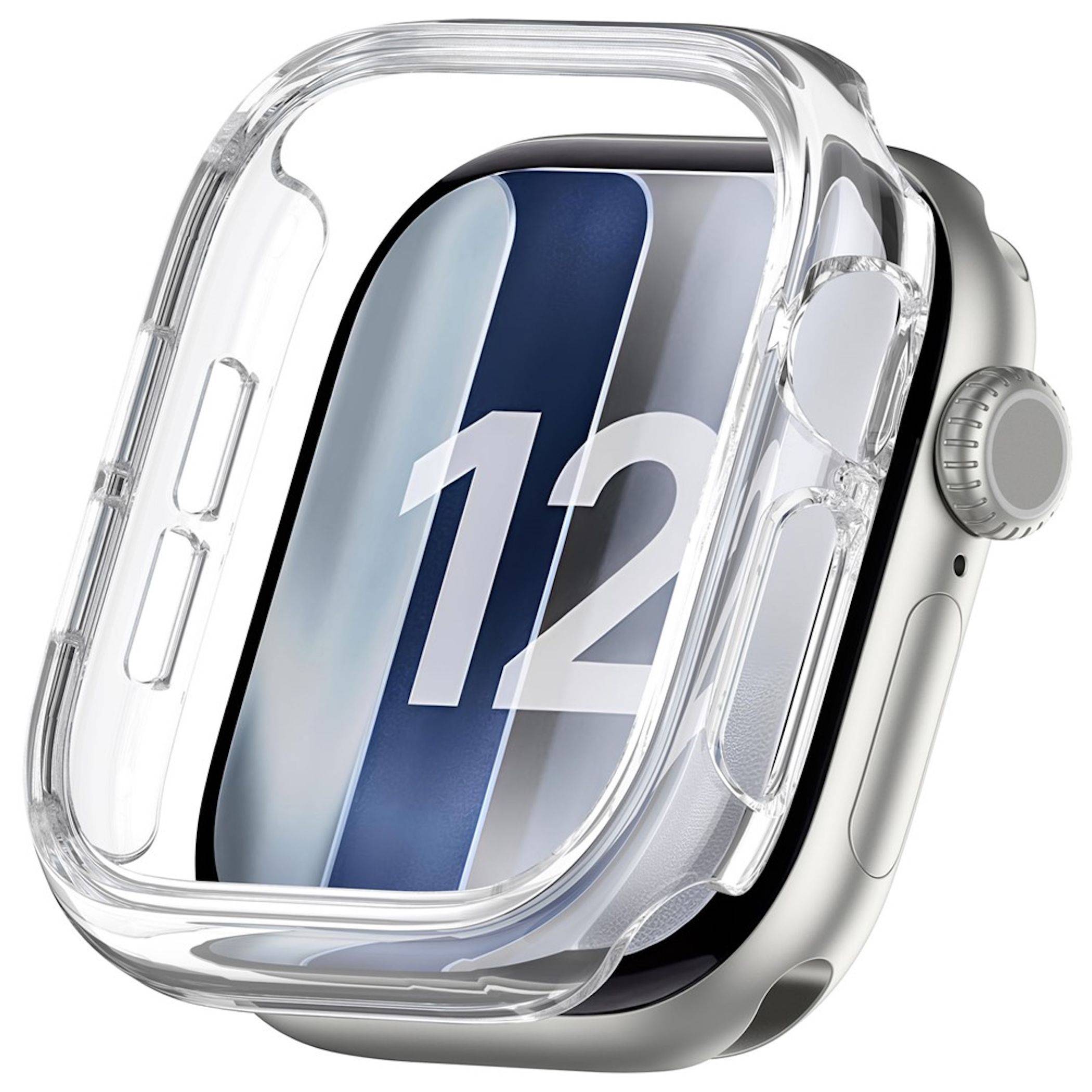 Apple Watch mit einer durchsichtigen Schutzhülle, die das Zifferblatt und die seitliche Krone auf weißem Hintergrund zeigt.