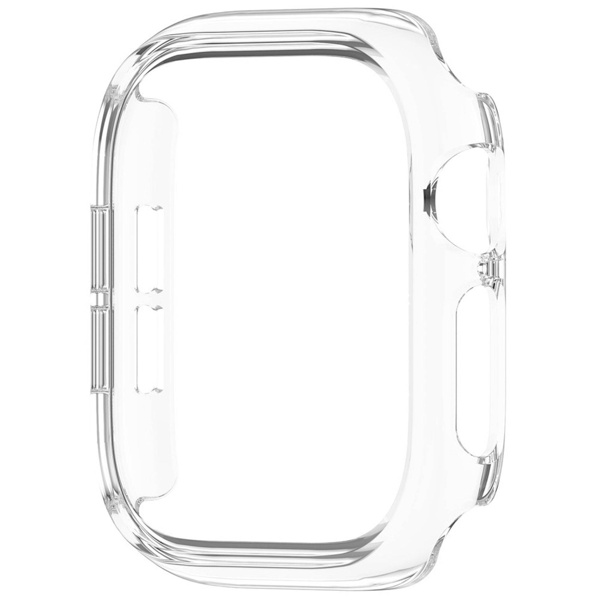 Durchsichtige Schutzhülle für eine rechteckige Smartwatch, in Seitenansicht auf weißem Hintergrund dargestellt.