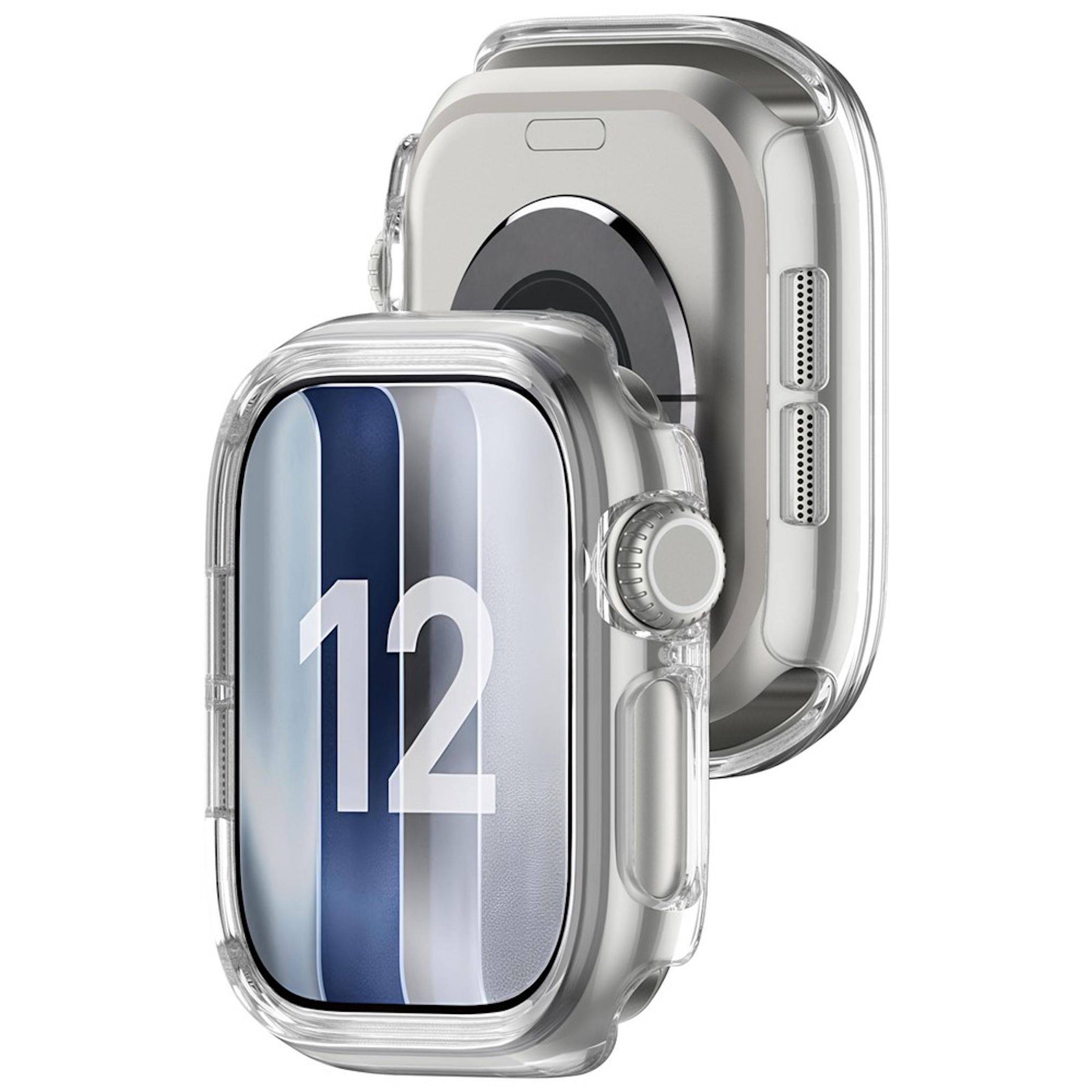 Transparente Schutzhüllen für eine Smartwatch, von vorne und hinten gezeigt, mit der Anzeige, die 