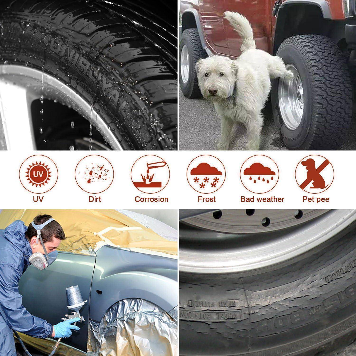 Collage zeigt Reifenseitenwandschäden durch UV-Strahlung, Schmutz, Korrosion, Frost, schlechtes Wetter und Hundeurin, mit einem Maler, der einen Radkasten eines Autos sprüht, und einem Hund neben einem Lastwagenmreifen.