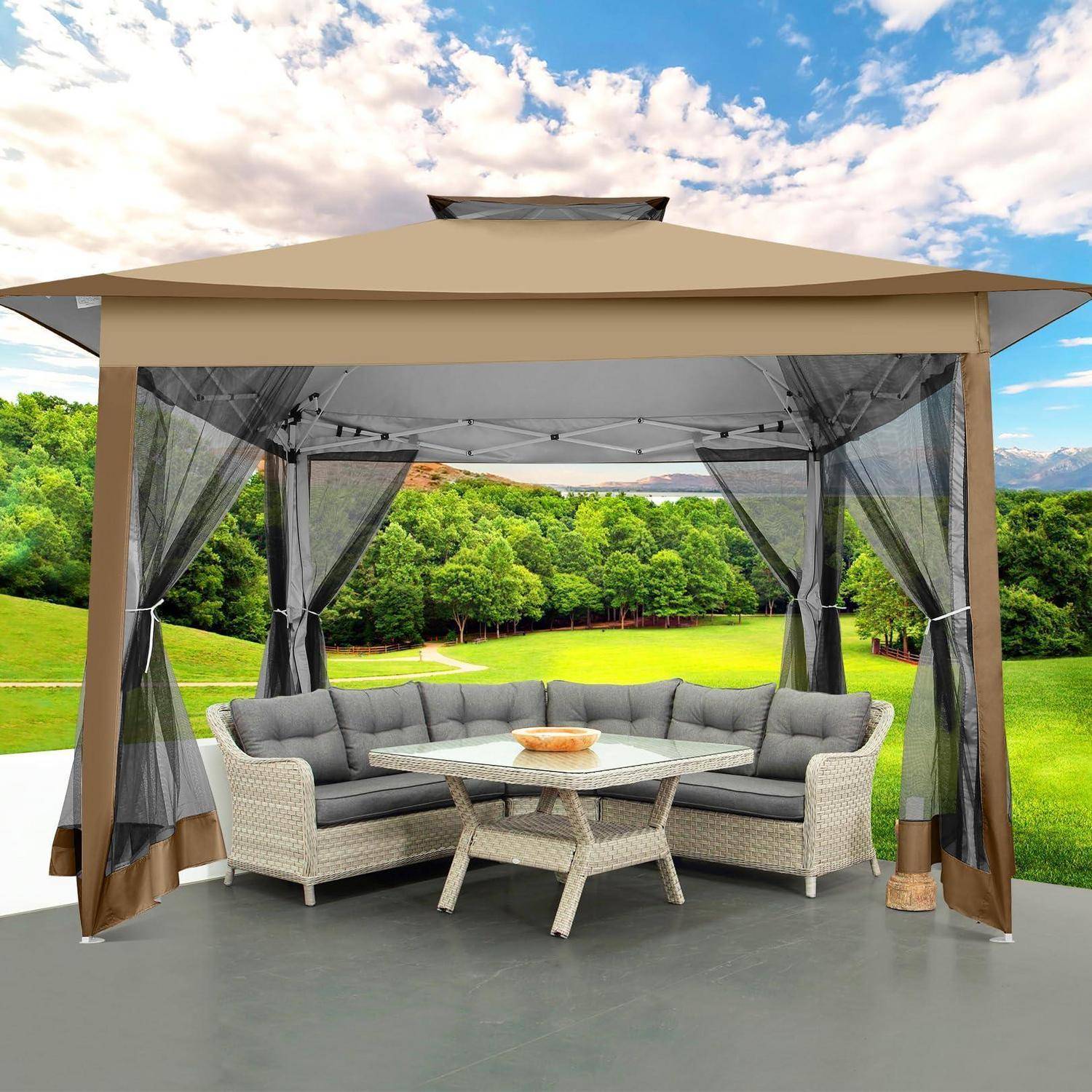 Pop Up Pavillon 3x3m mit Moskitonetz und UV-Schutz, braun