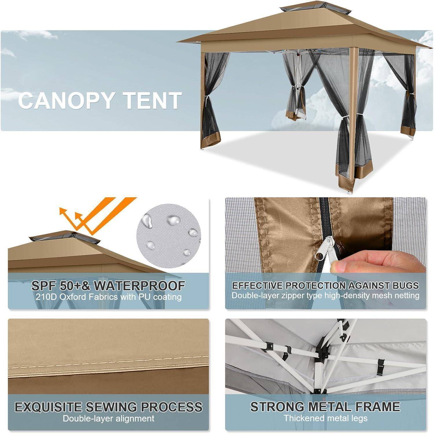 Pop Up Pavillon 3x3m mit Moskitonetz und UV-Schutz, braun