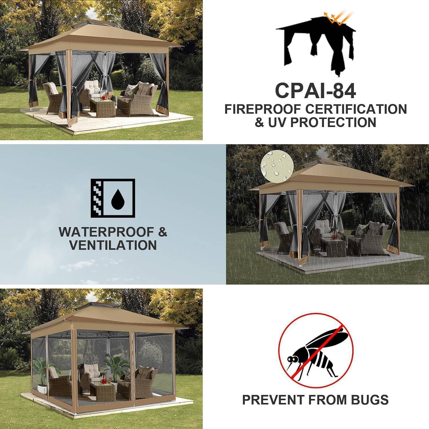 Pop Up Pavillon 3x3m mit Moskitonetz und UV-Schutz, braun