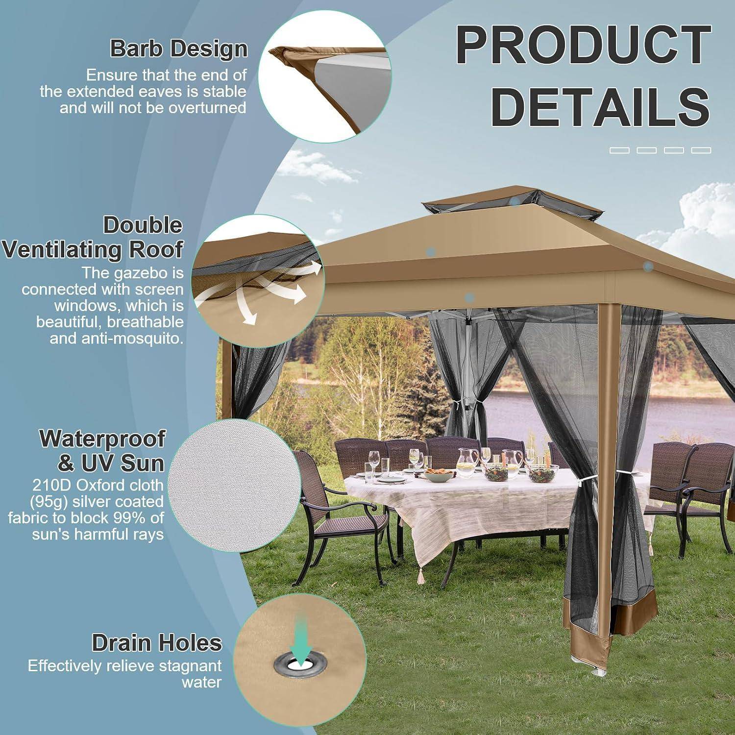 Pop Up Pavillon 3x3m mit Moskitonetz und UV-Schutz, braun