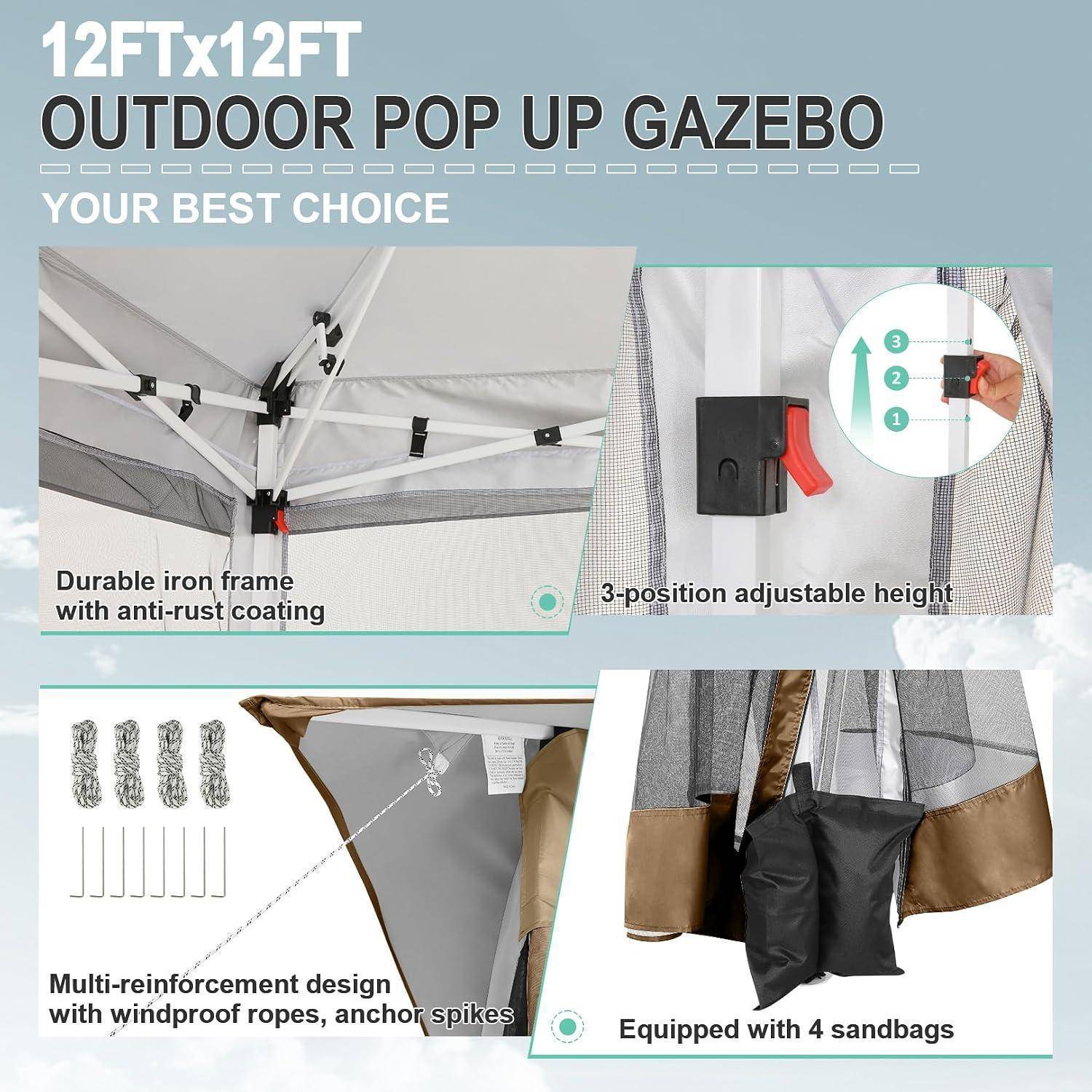 Pop Up Pavillon 3x3m mit Moskitonetz und UV-Schutz, braun