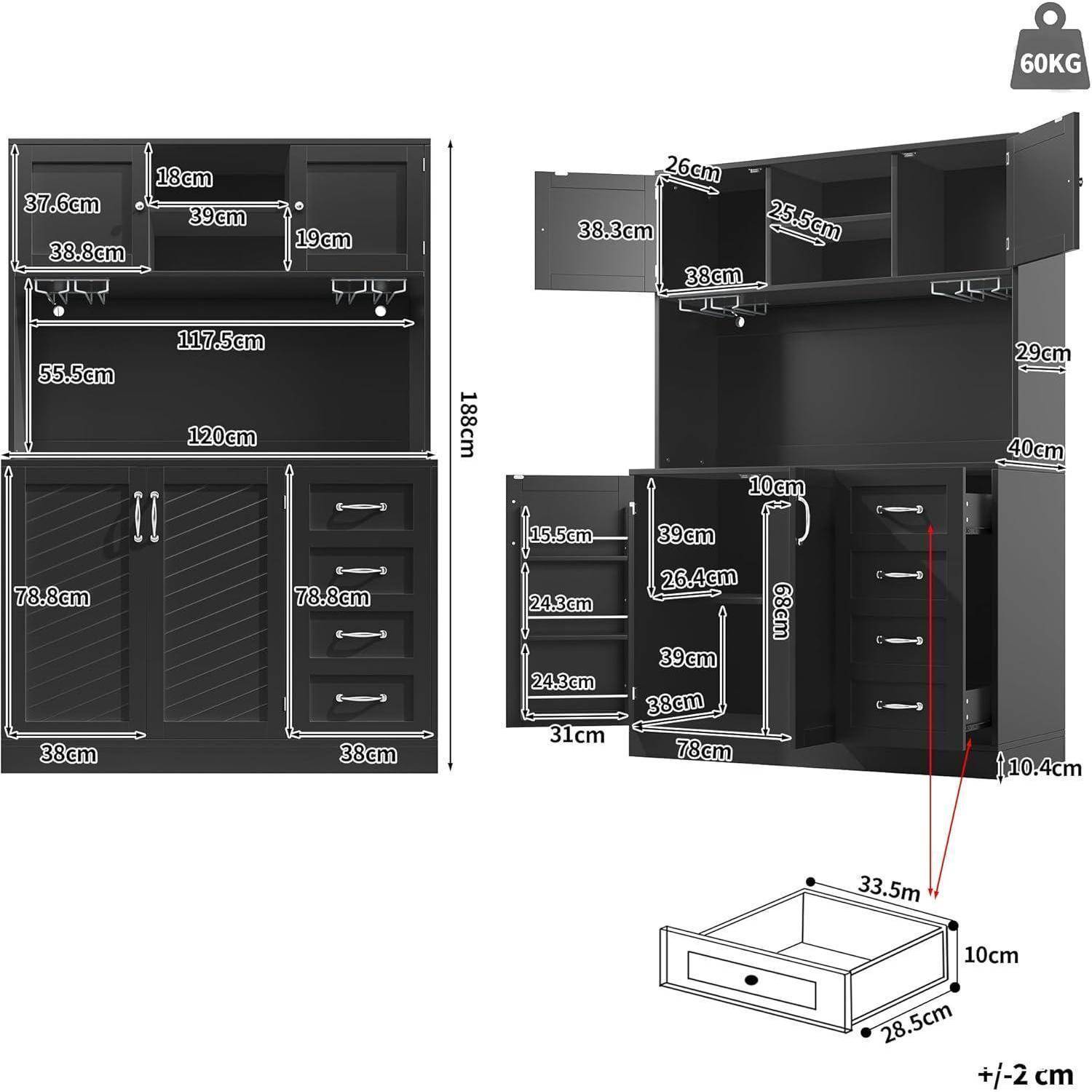Küchenschrank 120x40x188cm Schwarz mit LED-Lichtleiste