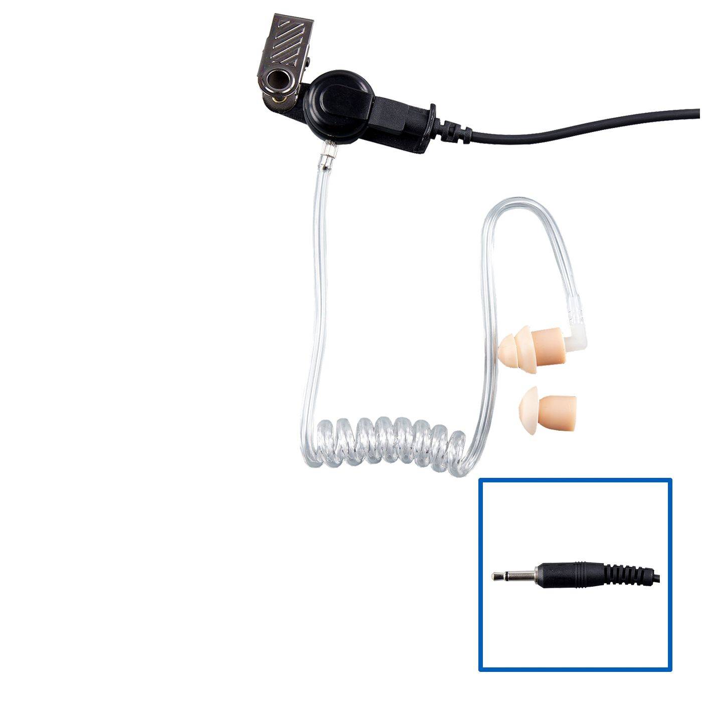 Aufgerolltes Schallrohr-Ohrstöpsel mit integriertem Druckschalter-Clip und abnehmbarem 3,5-mm-Stecker, wie in der Vergrößerung dargestellt