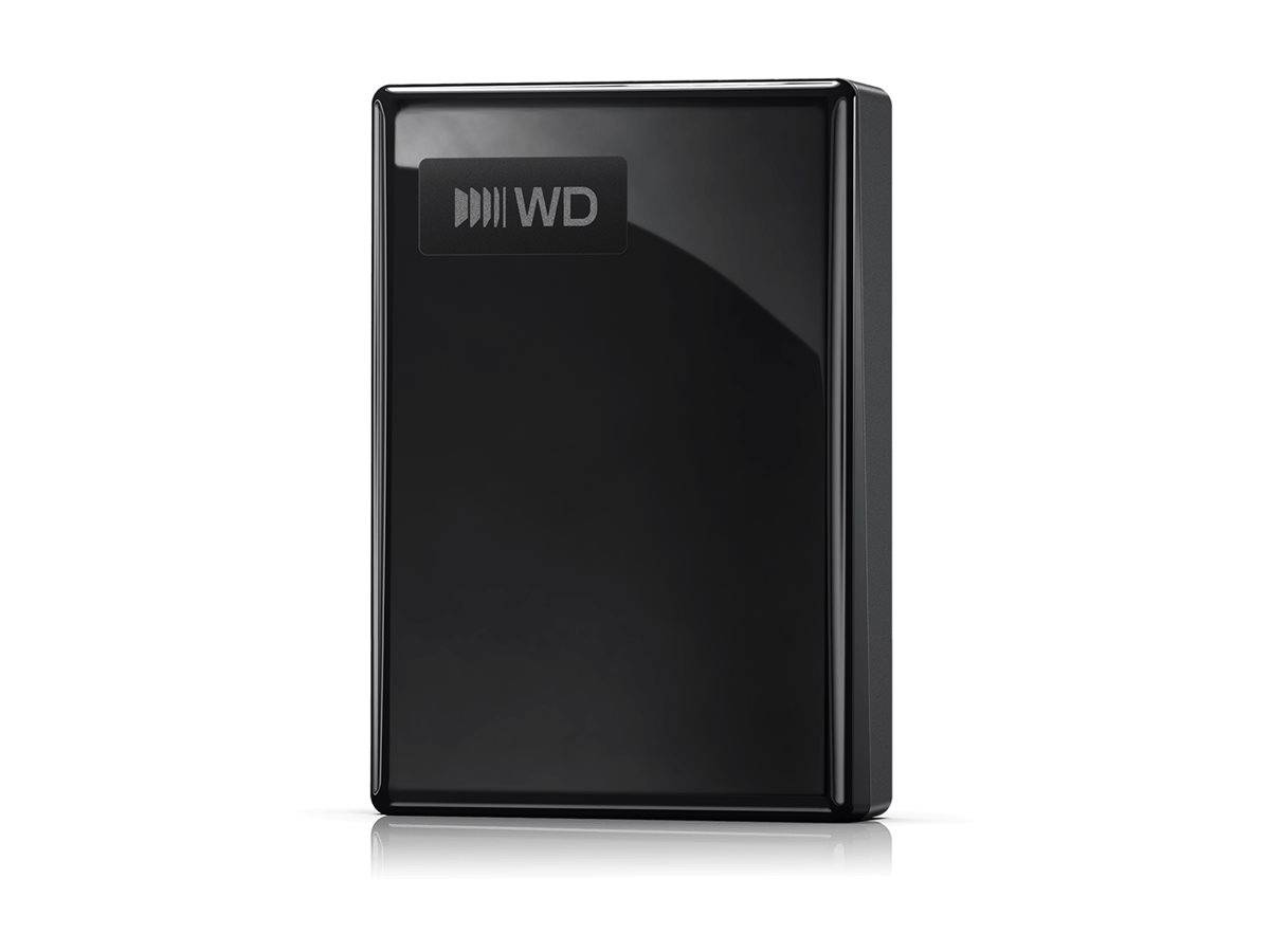 Externe Festplatte von Western Digital in Schwarz mit WD-Logo, frontal vor weißem Hintergrund dargestellt.