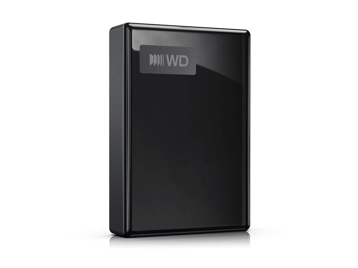 Schwarze externe WD-Festplatte aufrecht auf weißem Hintergrund dargestellt.