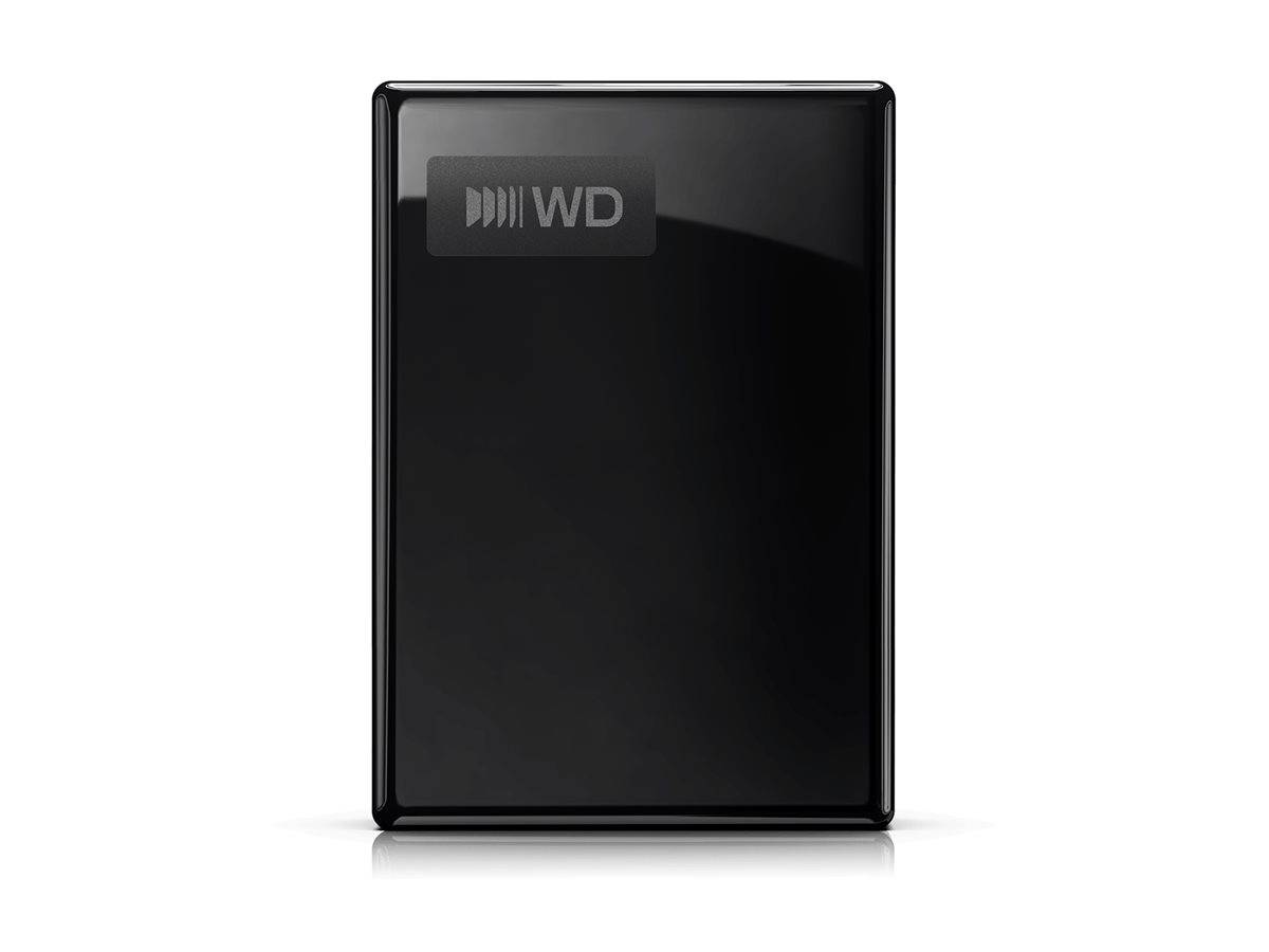 Externe schwarze WD-Festplatte in Vorderansicht auf weißem Hintergrund, mit dem WD-Logo in der Nähe der Oberseite.