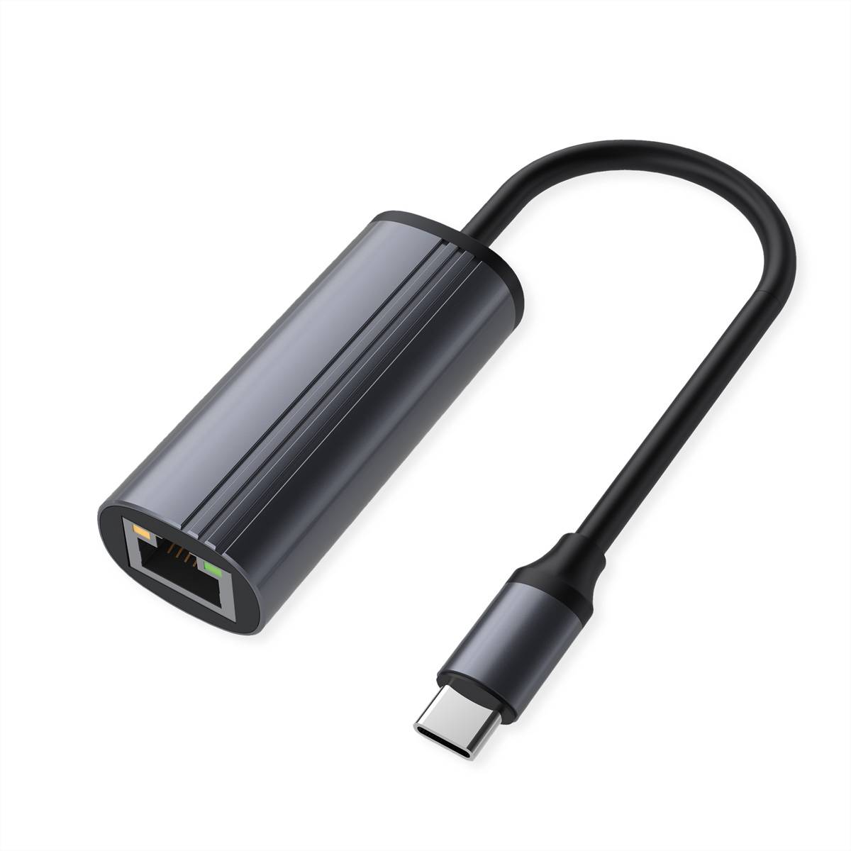USB-C zu Ethernet-Adapter mit Kurzkabel und kompaktem schwarzen Gehäuse