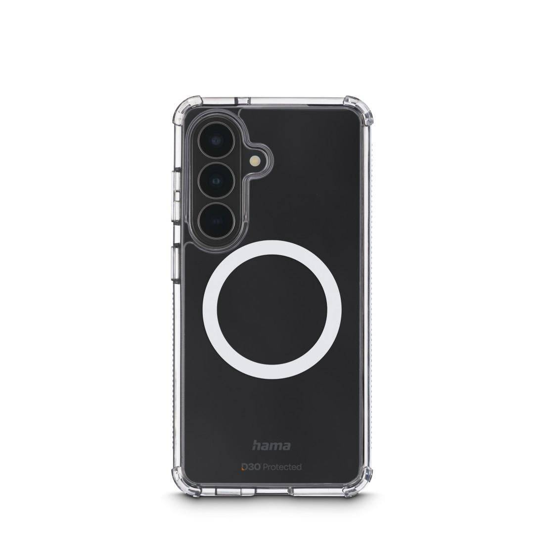 Schwarze Smartphone-Schutzhülle mit transparentem Stoßfänger und großem weißem MagSafe-ähnlichem Ring, frontal vor weißem Hintergrund gezeigt.