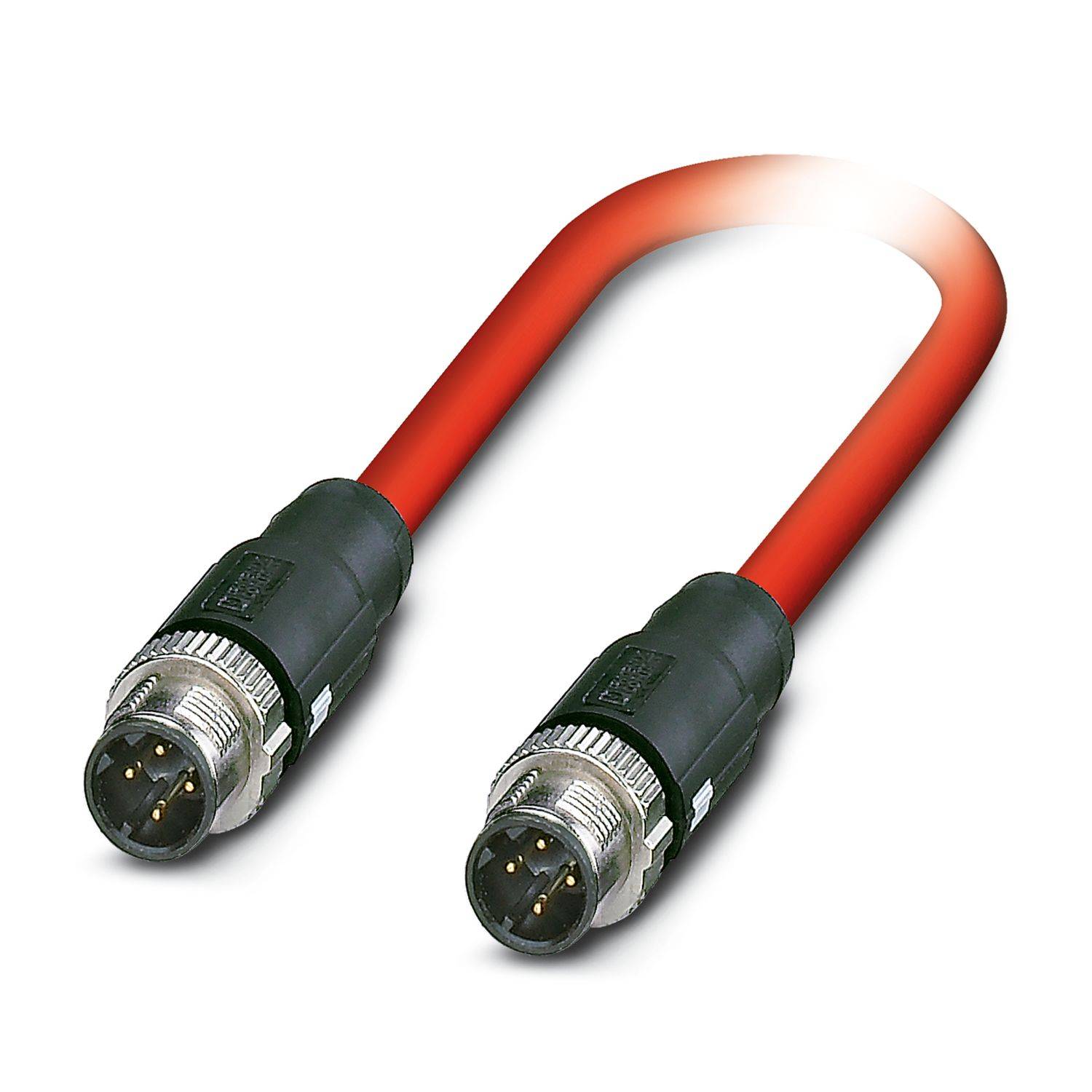 Rotes U-förmiges Kabel mit zwei runden Metallsteckern auf weißem Hintergrund.