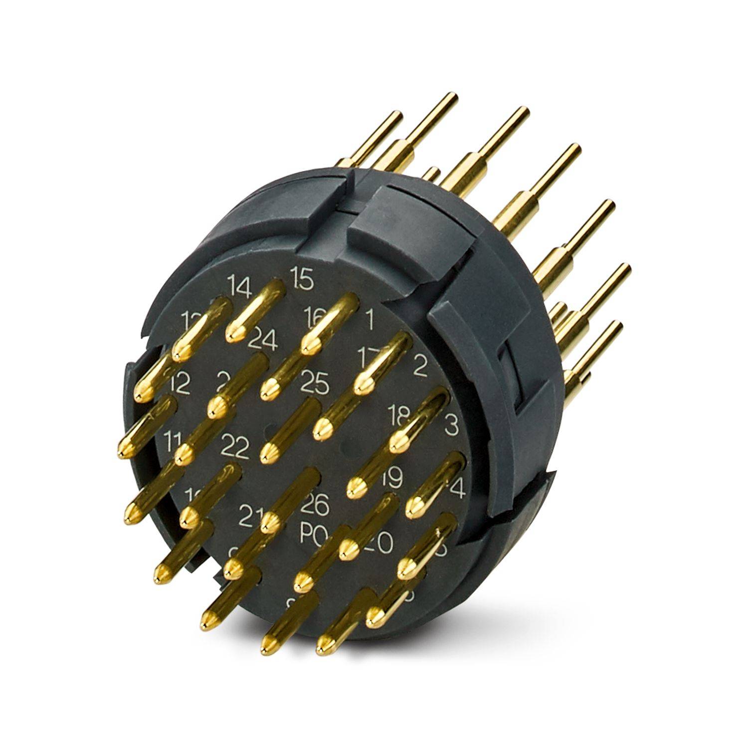Schwarzer kreisförmiger elektronischer Stecker mit vielen goldfarbenen Stiften und nummerierten Kontakten, dargestellt auf weißem Hintergrund.