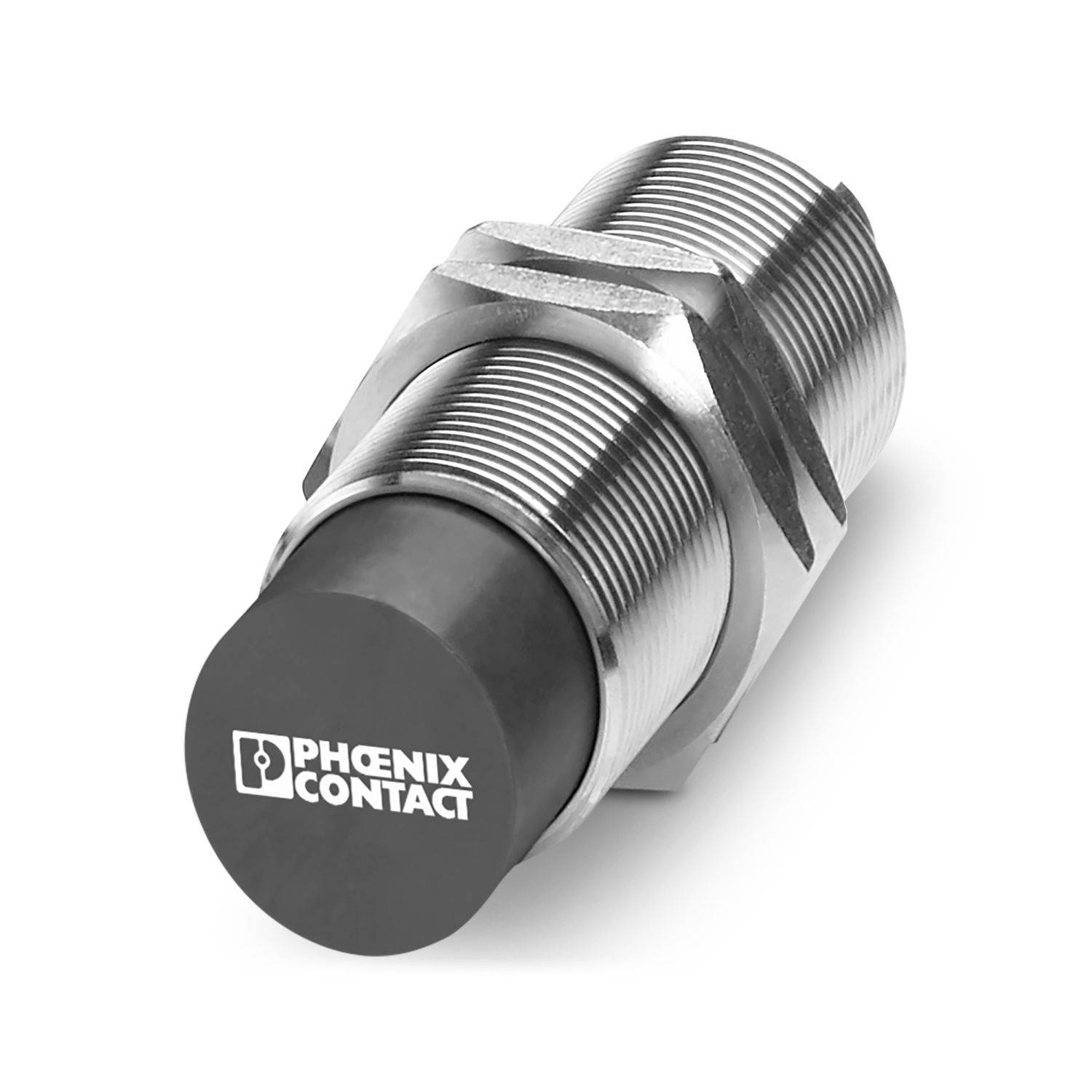 Phoenix Contact zylindrischer Metallsensor mit Gewinde und Sechskantmutter, dargestellt vor weißem Hintergrund mit schwarzer Kappe am Ende.