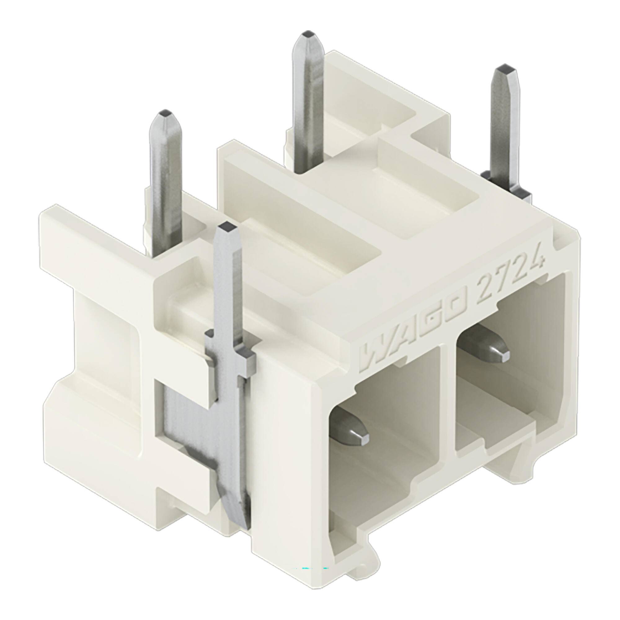 Weißer Elektrostecker mit vier Metallstiften, isoliert auf einfachem Hintergrund dargestellt.