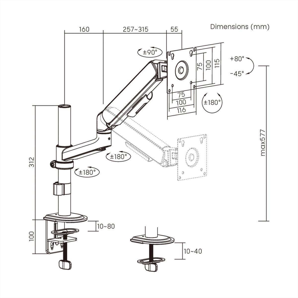 Technisches Diagramm einer Monitorarmklemmenhalterung mit verstellbaren Gelenken und Abmessungen in Millimetern, einschließlich Reichweite, Höhe und Drehwinkeln.