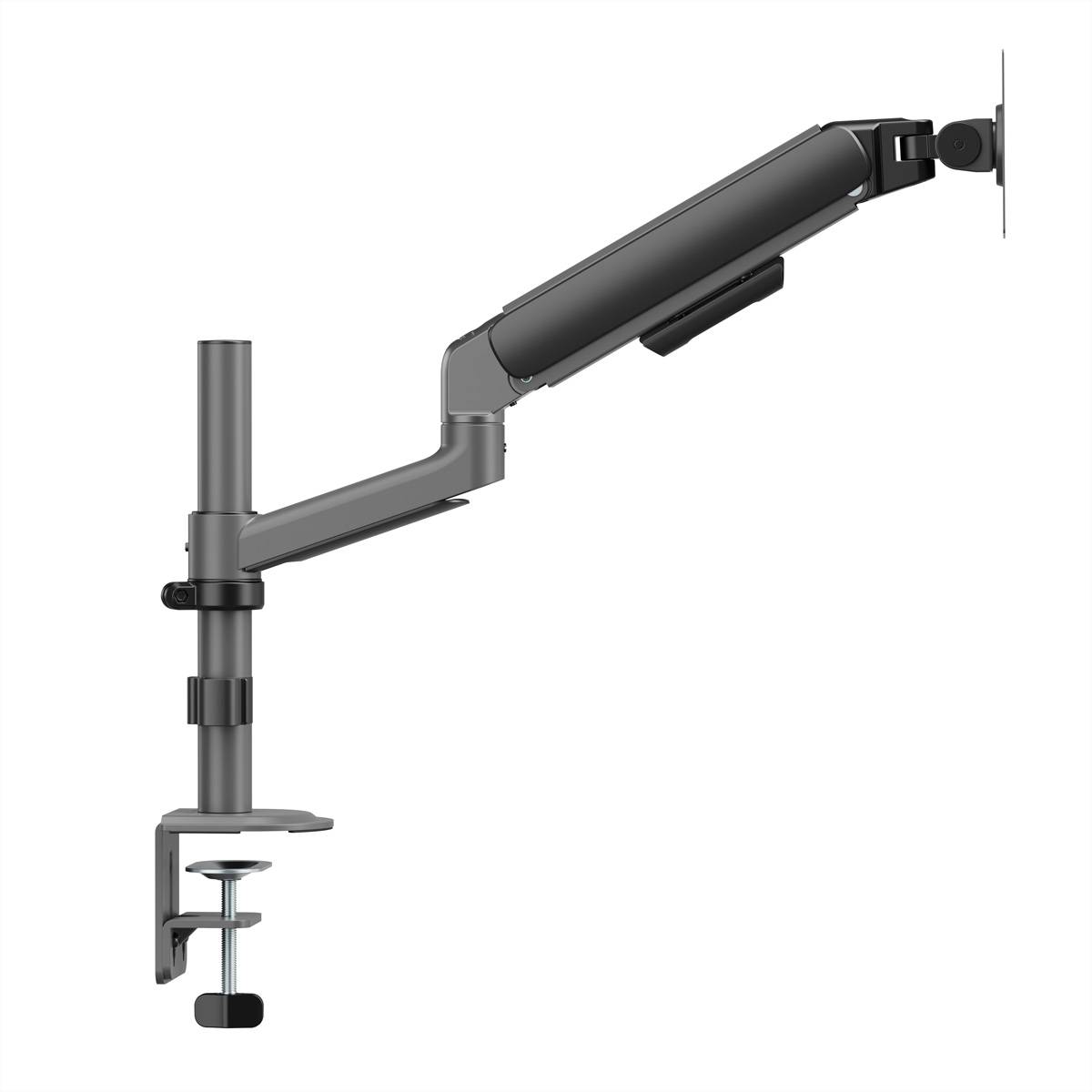 Verstellbare schwarze Dual-Arm-Monitorhalterung mit Tischklemme und VESA-Platte für einen Computerbildschirm.
