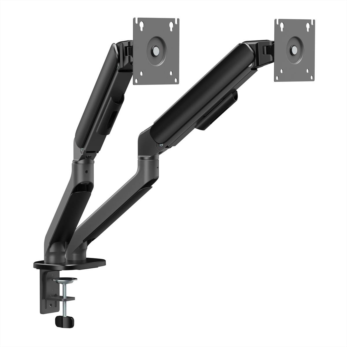 Doppelter schwarzer Monitor-Armtischhalter mit zwei verstellbaren Halterungen und Klemmbasis zum Halten von Bildschirmen.