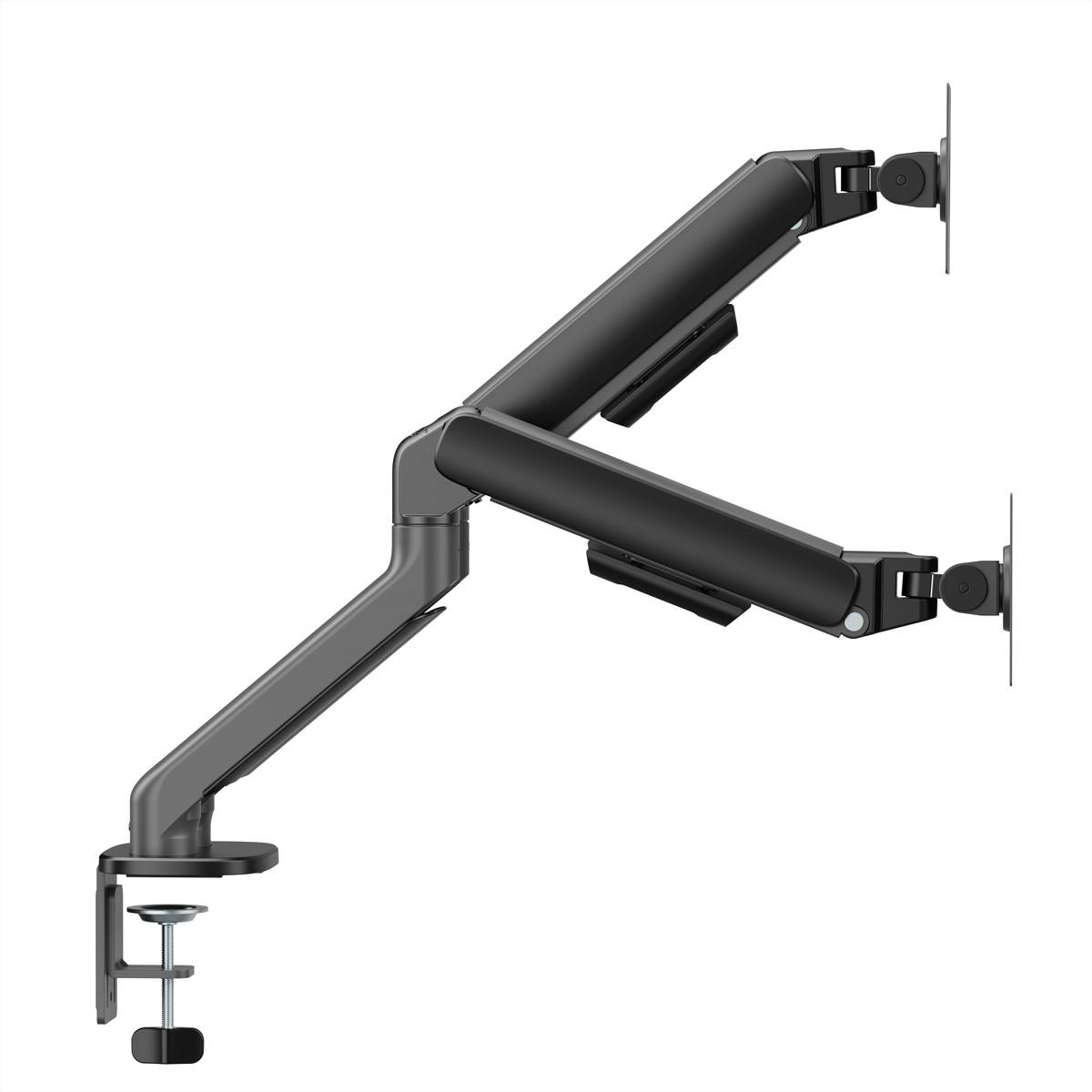 Schwarze Dual-Arm-Monitorhalterung mit Tischklemme und zwei VESA-Bildschirmhaltern auf der rechten Seite