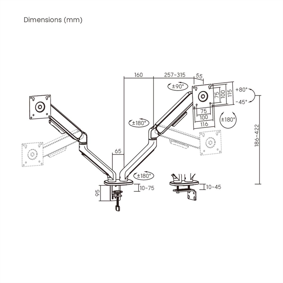 Technisches Diagramm einer verstellbaren Dual-Monitor-Halterung mit VESA-Befestigungen, das Abmessungen in mm und Bewegungsbereiche für Neigung, Drehung, Rotation und Reichweite des Arms zeigt.