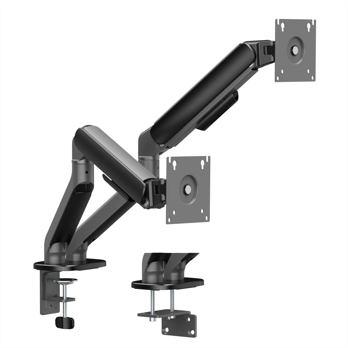 Schwarze Dual-Monitor-Gelenkarmhalterung mit zwei verstellbaren Armen, VESA-Platten und Klemmfuß; die Detailabbildung zeigt die Grommet-Montageoption.