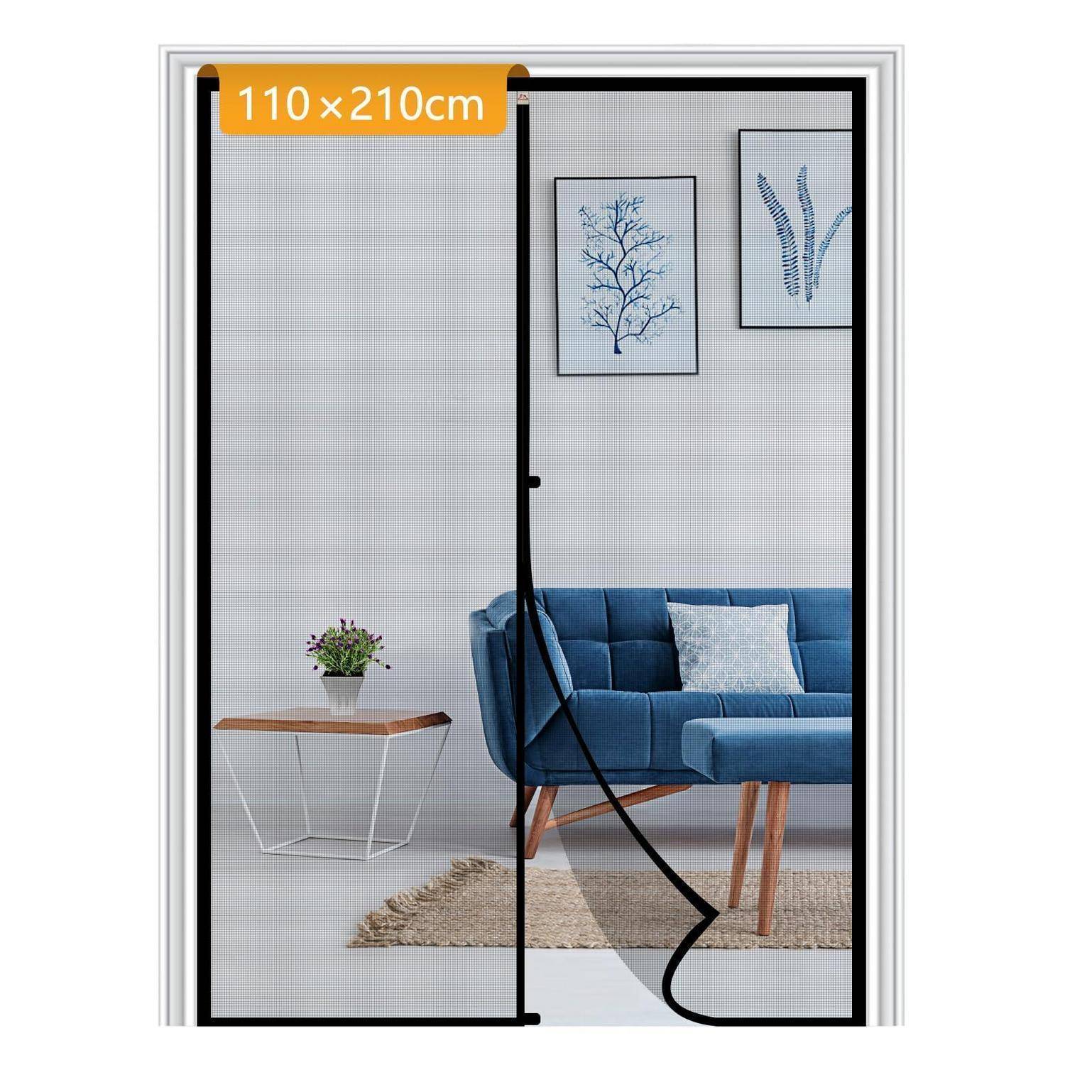 Schwarzgerahmte magnetische Netzgittertür mit der Beschriftung „110×210cm