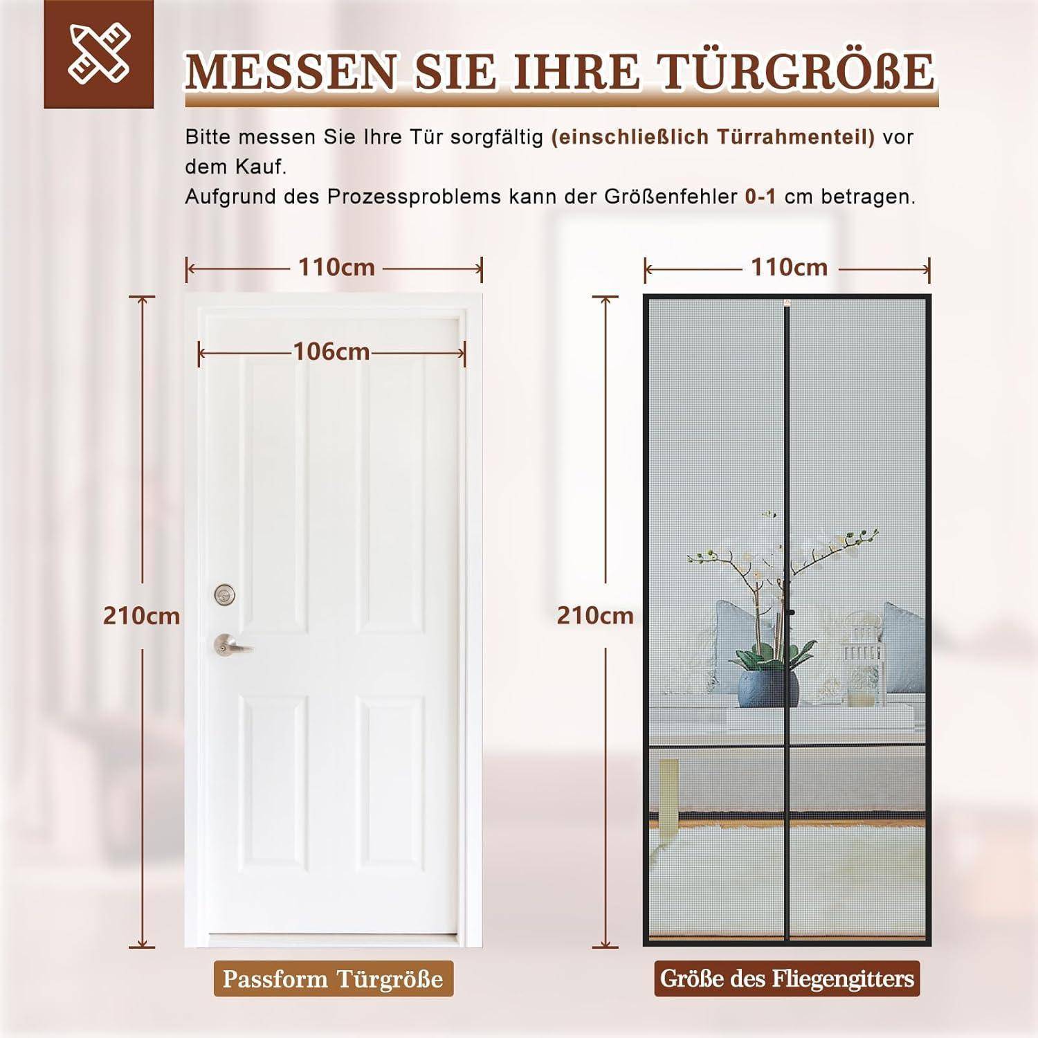 Yotache Fliegengitter Balkontür 110x210cm Schwarz Magnetverschluss ohne Bohren