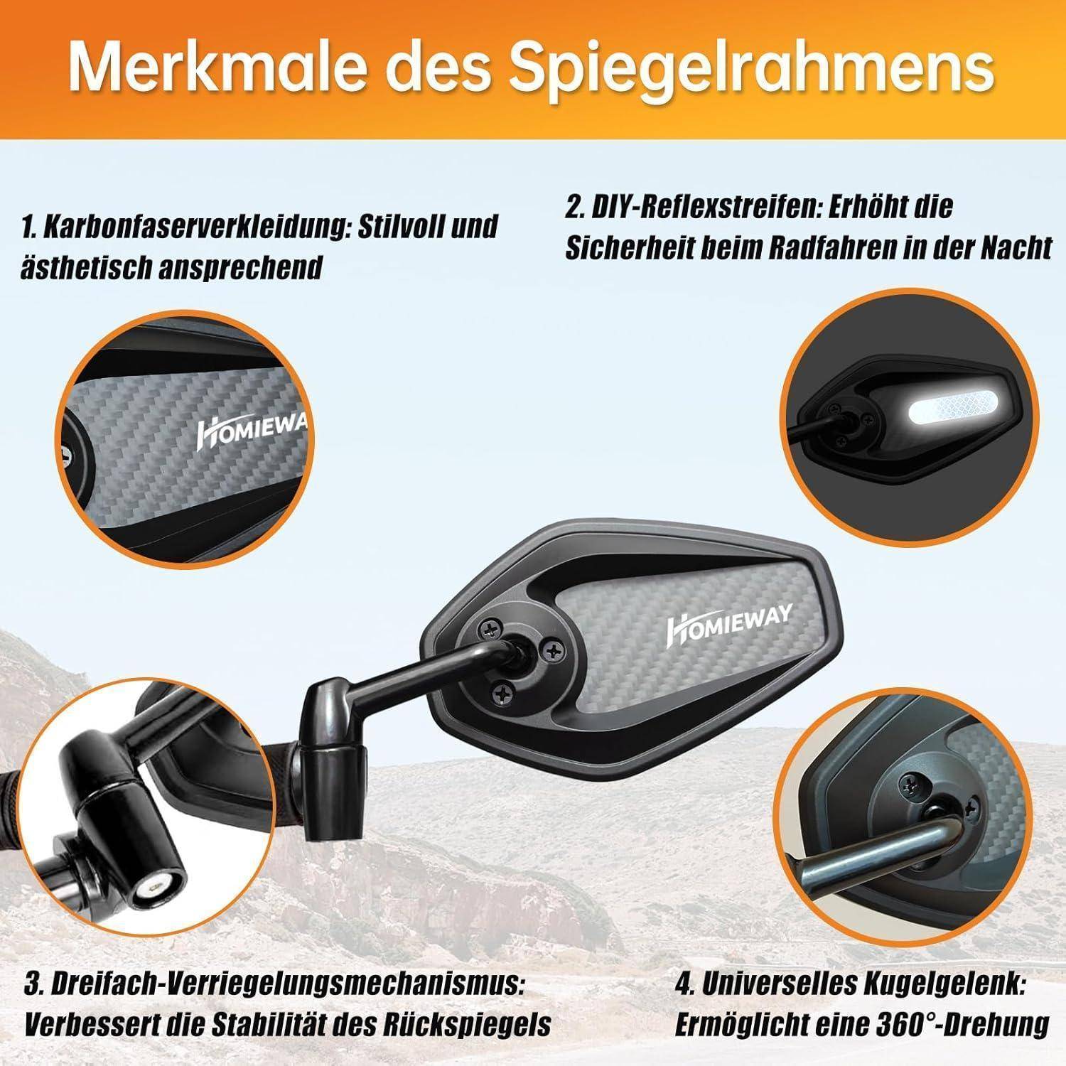 Fahrradspiegel Lenkerendenspiegel Blau Kohlefaser Klappbar 16-21mm