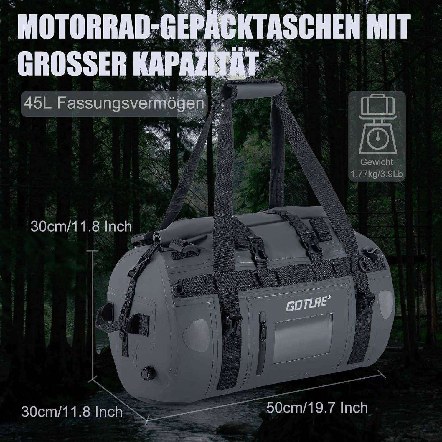 Goture Motorrad-Hecktasche 45L wasserdicht mit Schultergurten Grau