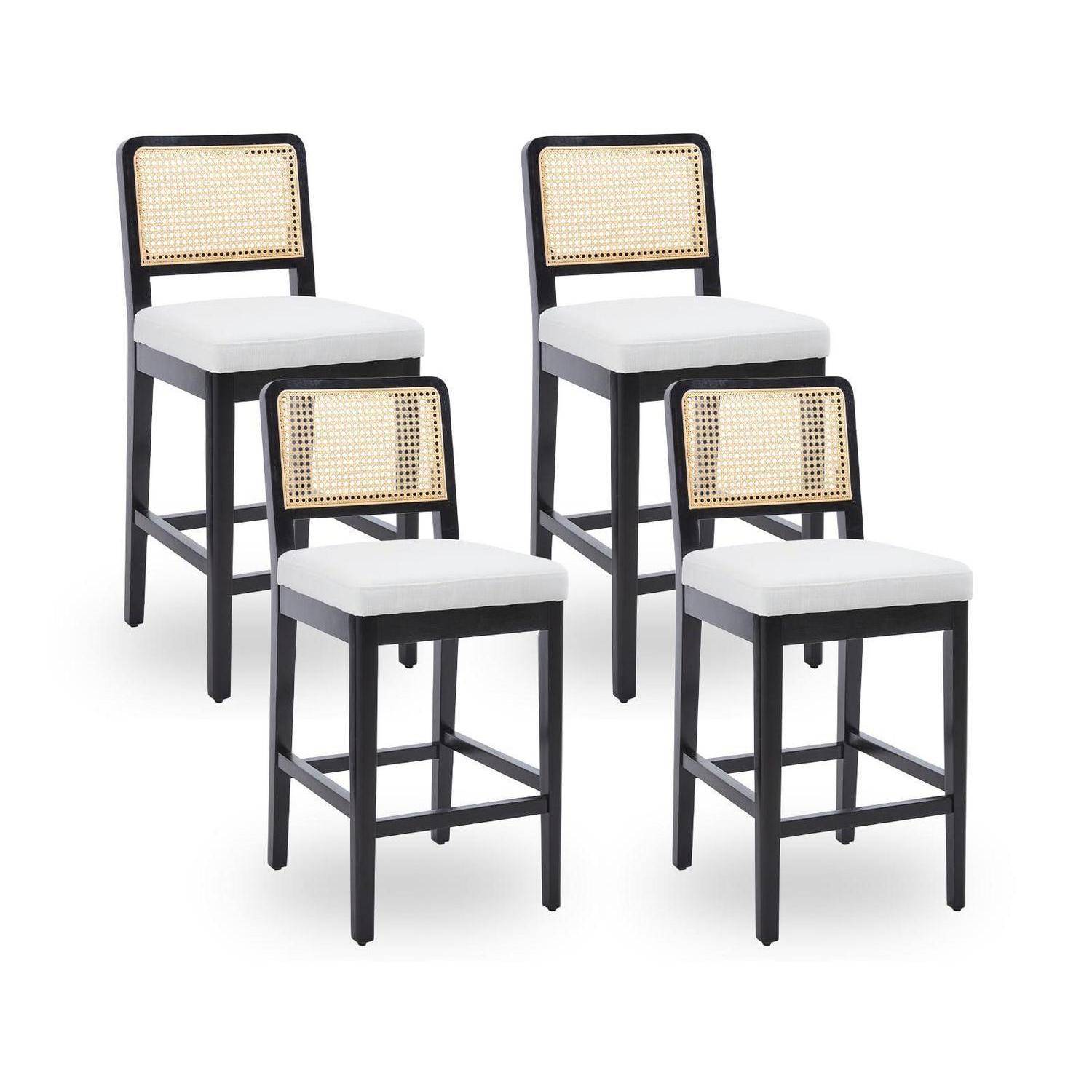 Barhocker 4er Set Rattan Rückenlehne Massivholz Leinen Sitzpolster Beige
