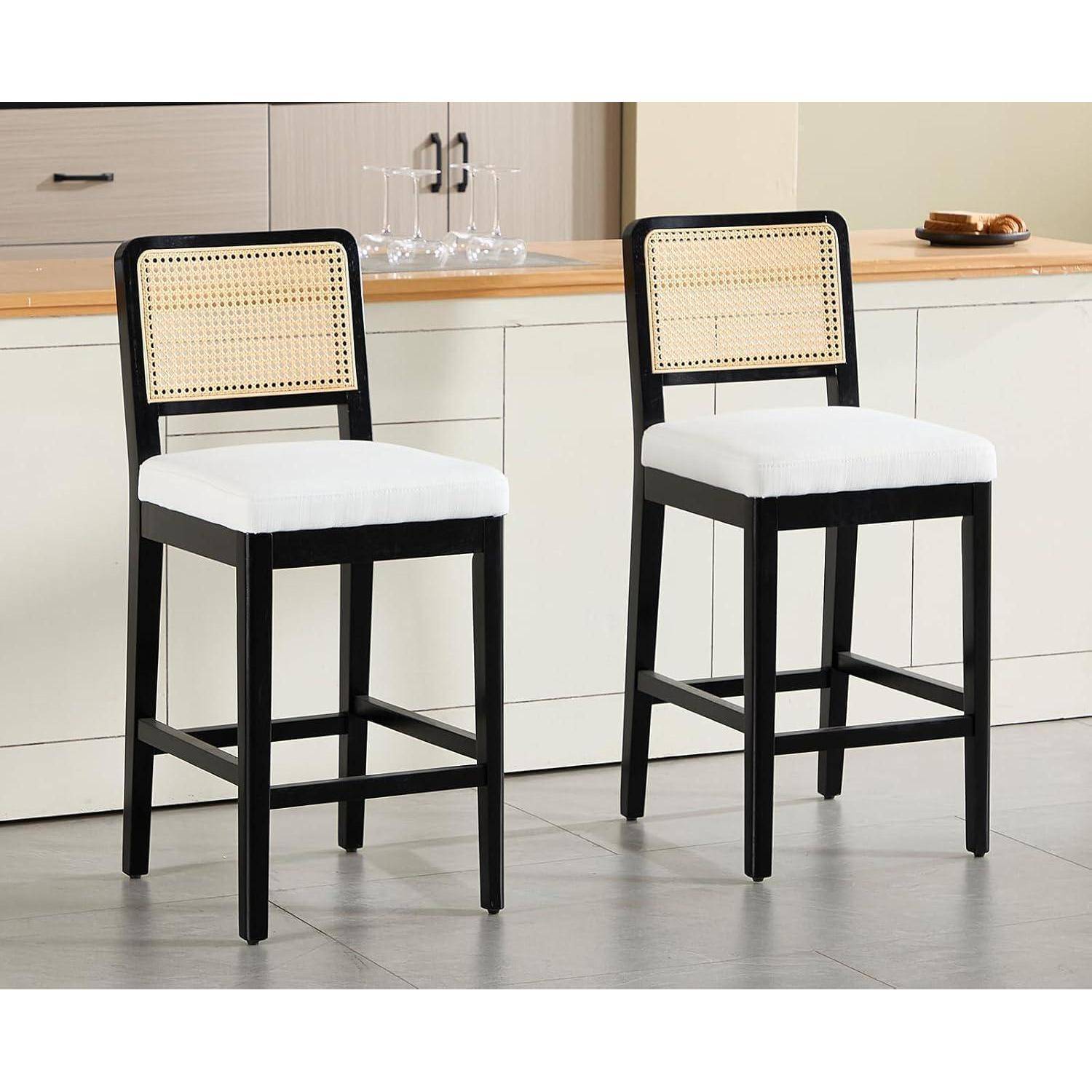 Barhocker 4er Set Rattan Rückenlehne Massivholz Leinen Sitzpolster Beige