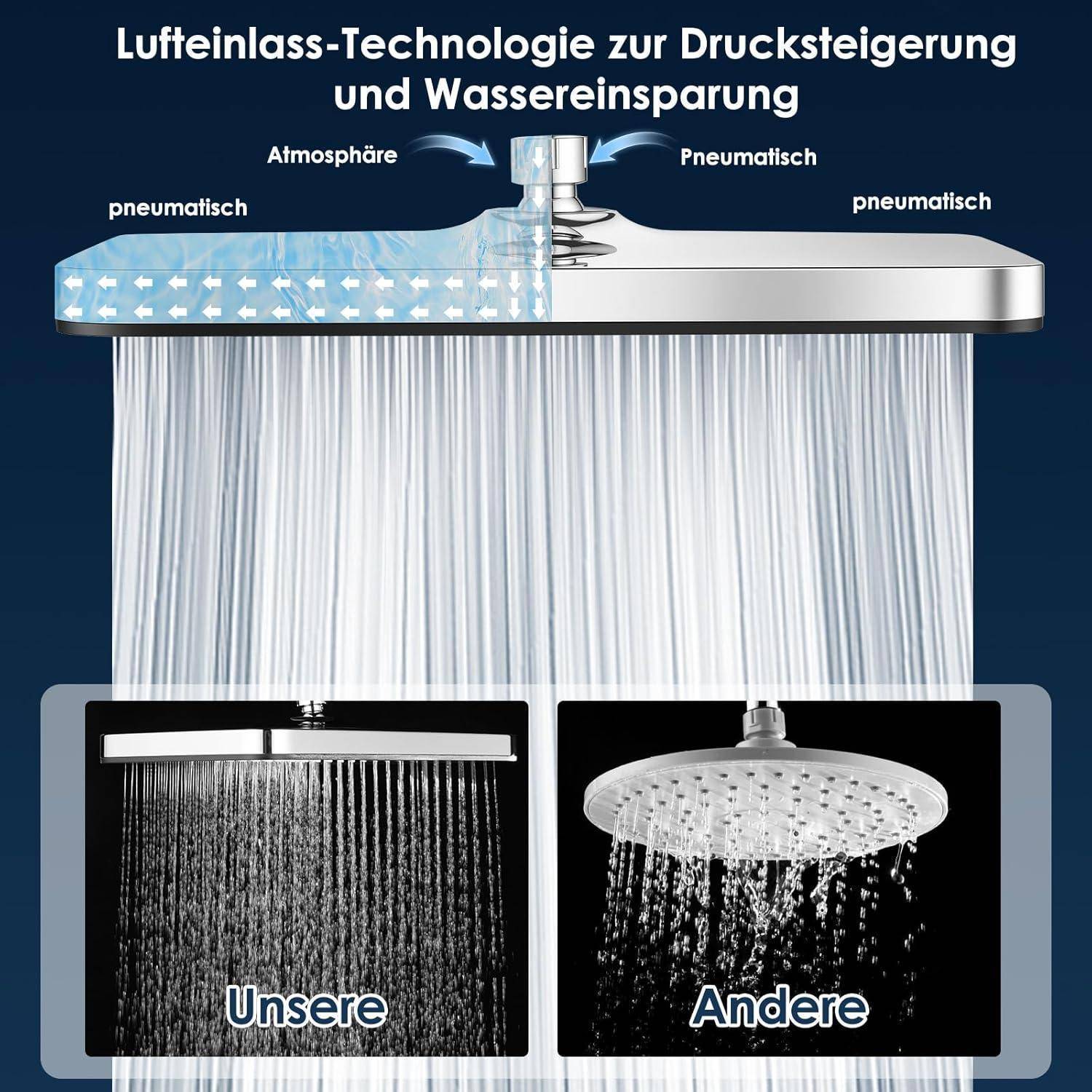Duschkopf 12 Zoll Quadratisch Chrom/Schwarz mit Anti-Kalk-Düsen