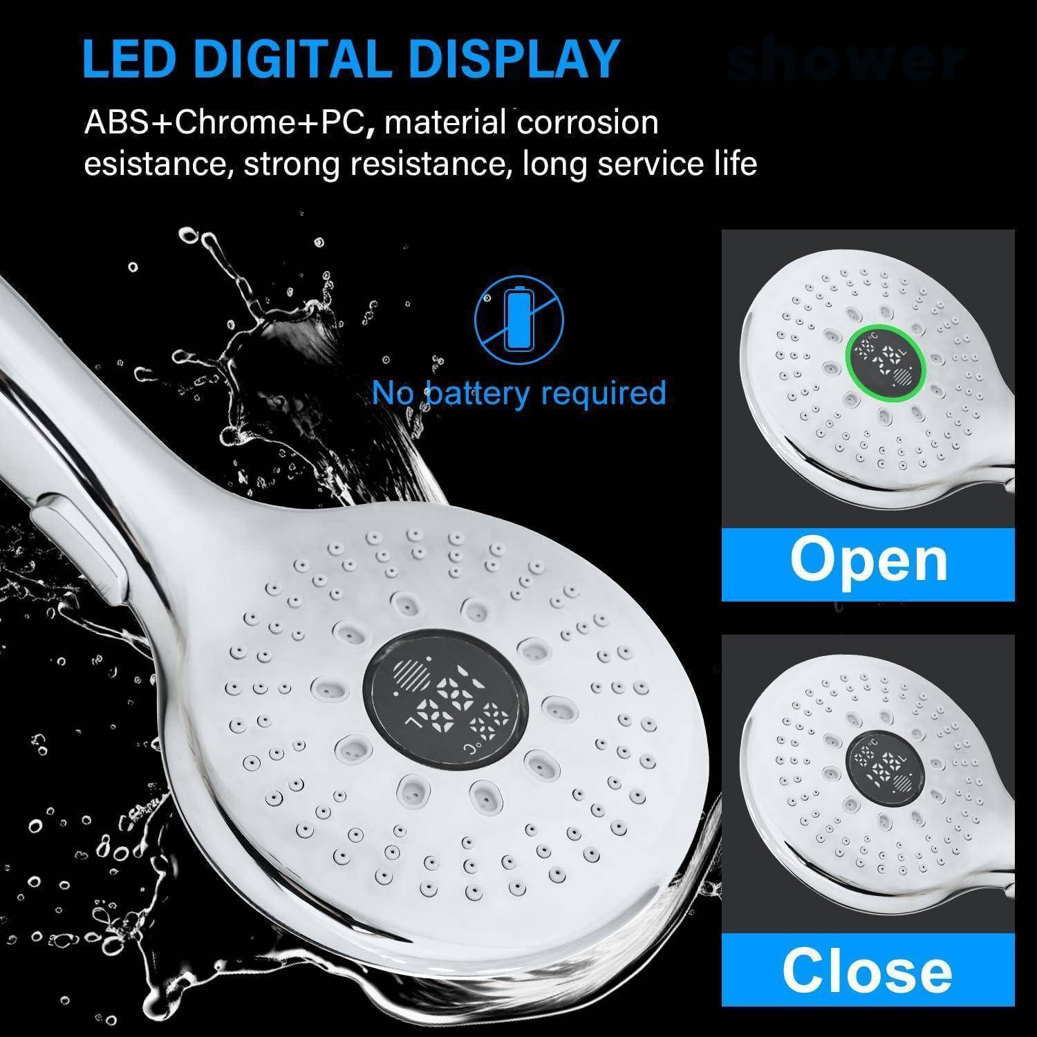 Duschkopf-Anzeige mit rundem LED-Digitalanzeige-Kopf mit Öffnungs-/Schließmodi, „Keine Batterie erforderlich" und korrosionsbeständigen Materialien aus ABS + Chrom + PC.
