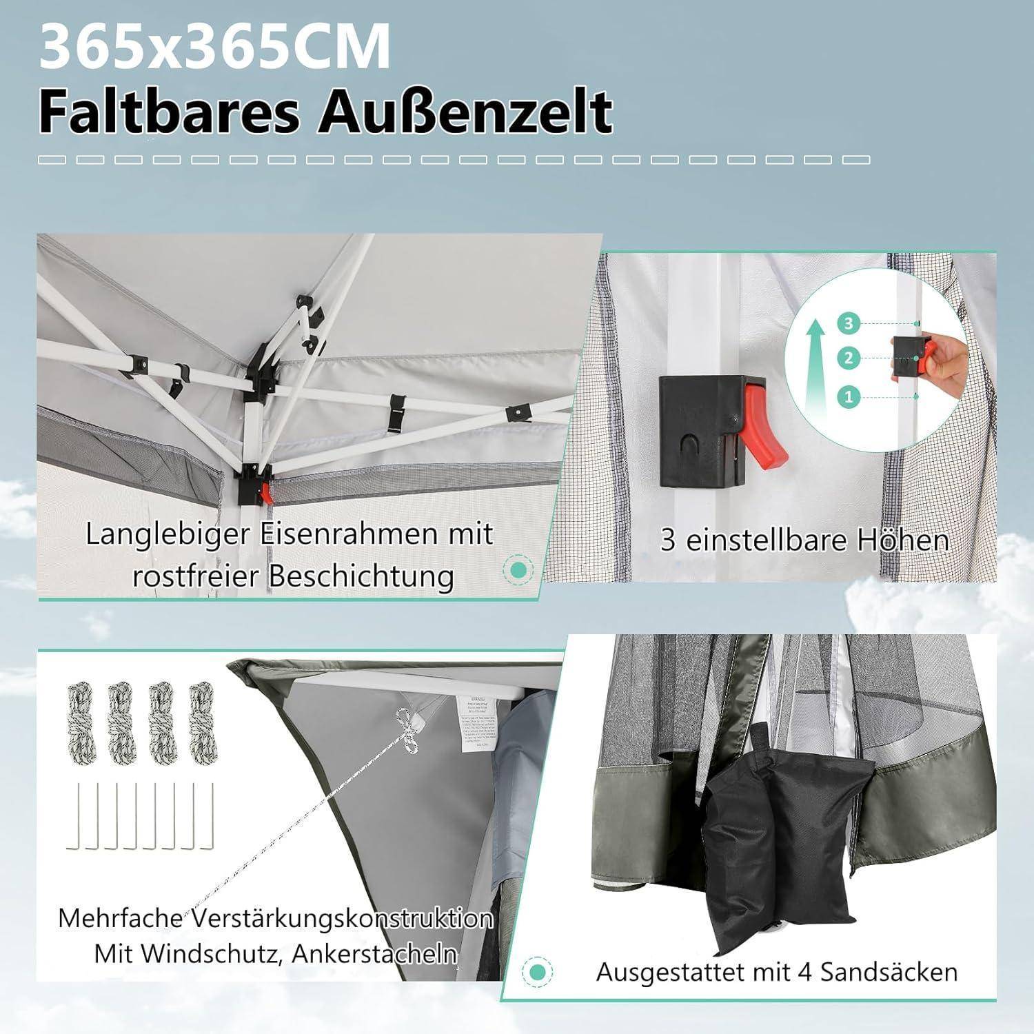 Infografik eines 365x365 cm Popup-Gazebos mit einem rostfreien Eisenrahmen, 3 verstellbaren Höheneinstellungen, verstärkter windsicherer Konstruktion mit Verankerungspflöcken und 4 Sandsäcken.
