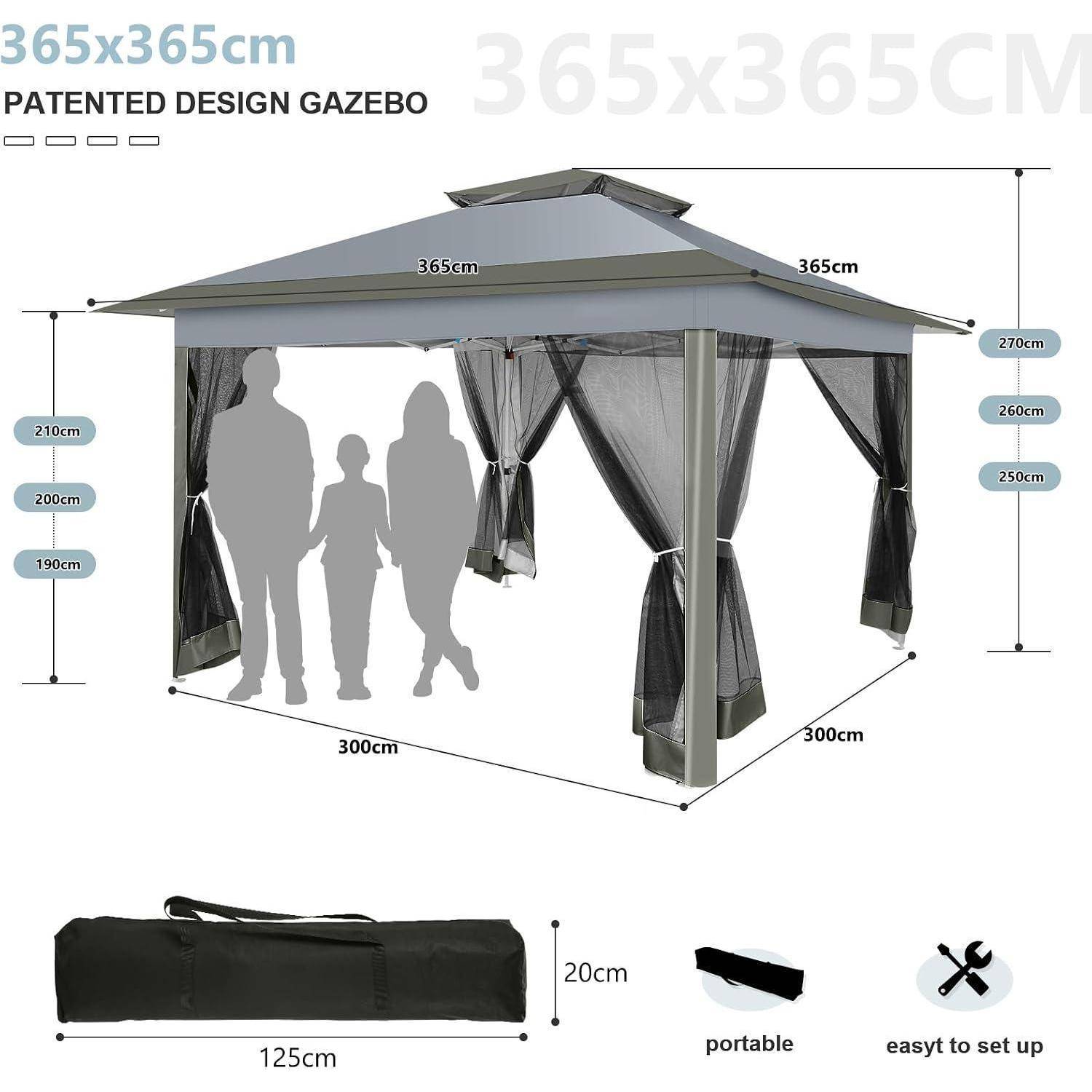 Produktdiagramm einer „365x365cm PATENTIERTES DESIGN PAVILLON" mit einem quadratischen Pavillon mit Vorhängen, Personen zur Größenangabe, Abmessungen 365cm Breite, 300cm Basis, 270cm Höhe und einer 125cm Tragetasche.