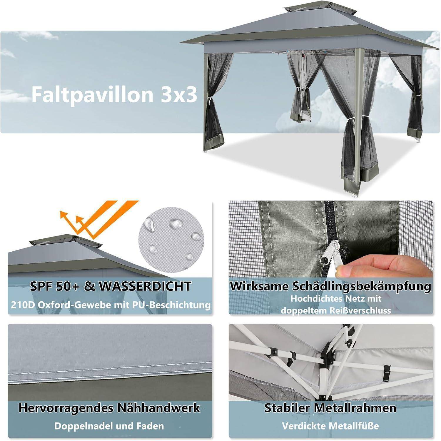 Produktbild eines „Faltpavillon 3x3" Pavillons mit grauem Dach und Vorhängen sowie vier Merkmalsbeschriftungen: LSF 50+ wasserdichter Stoff, Insektenschutzgitter mit Reißverschluss, verstärkte Nähte und stabiles Metallgestell.