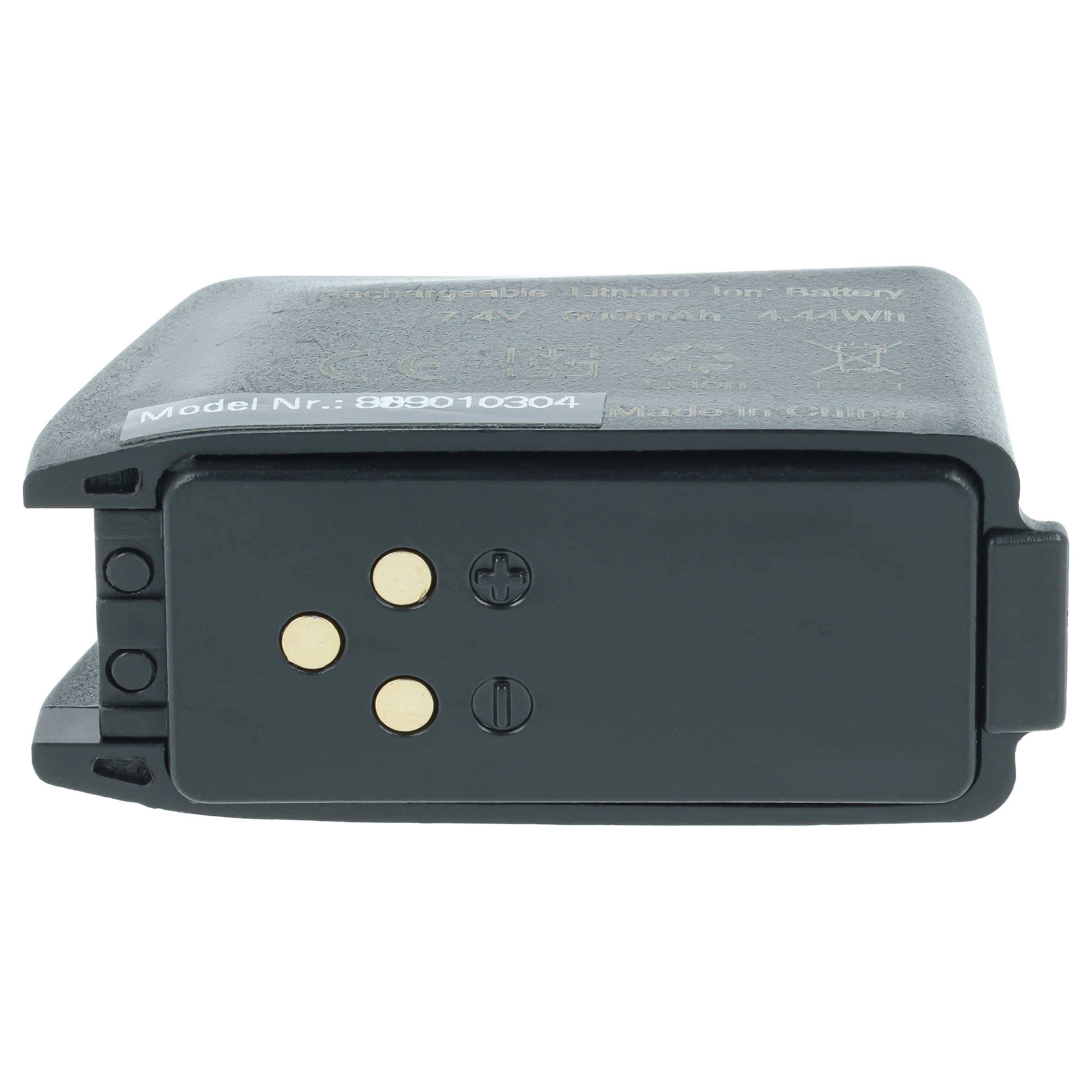 Schwarzes aufladbares Batteriepaket mit vier goldenen Kontakten und Etikett „Modellnummer: B233010304