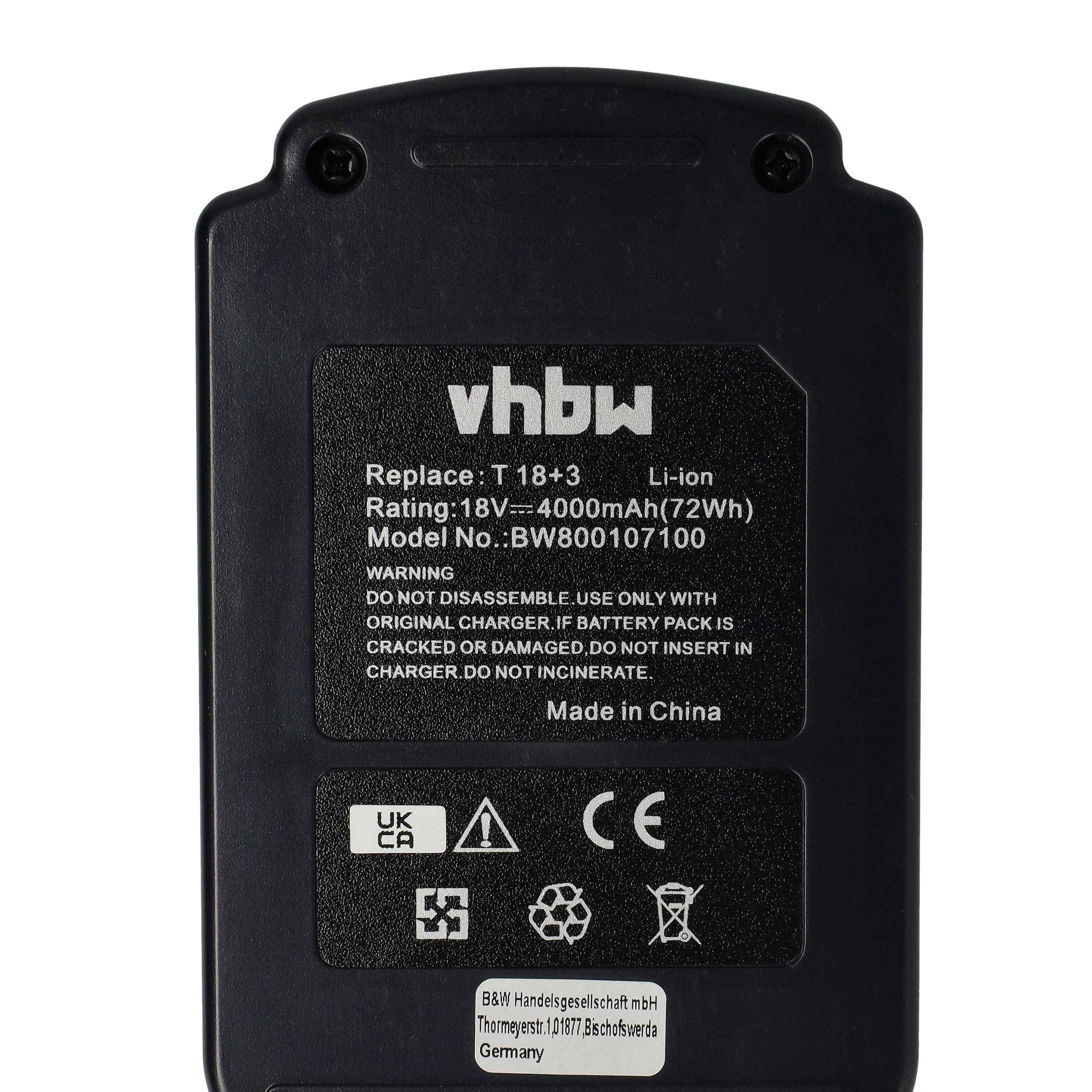 Schwarzes vhbw Akku-Pack-Etikett mit Austausch für T 18+3 Li-Ion, 18V 4000mAh, Modell BW800107100.